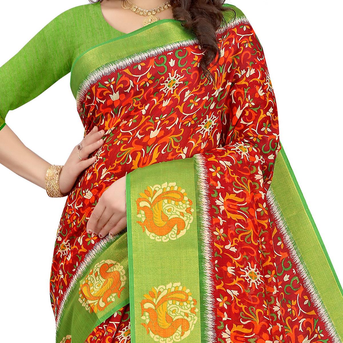 Red Casual Wear Floral Printed Cotton Linen Saree - Peachmode
