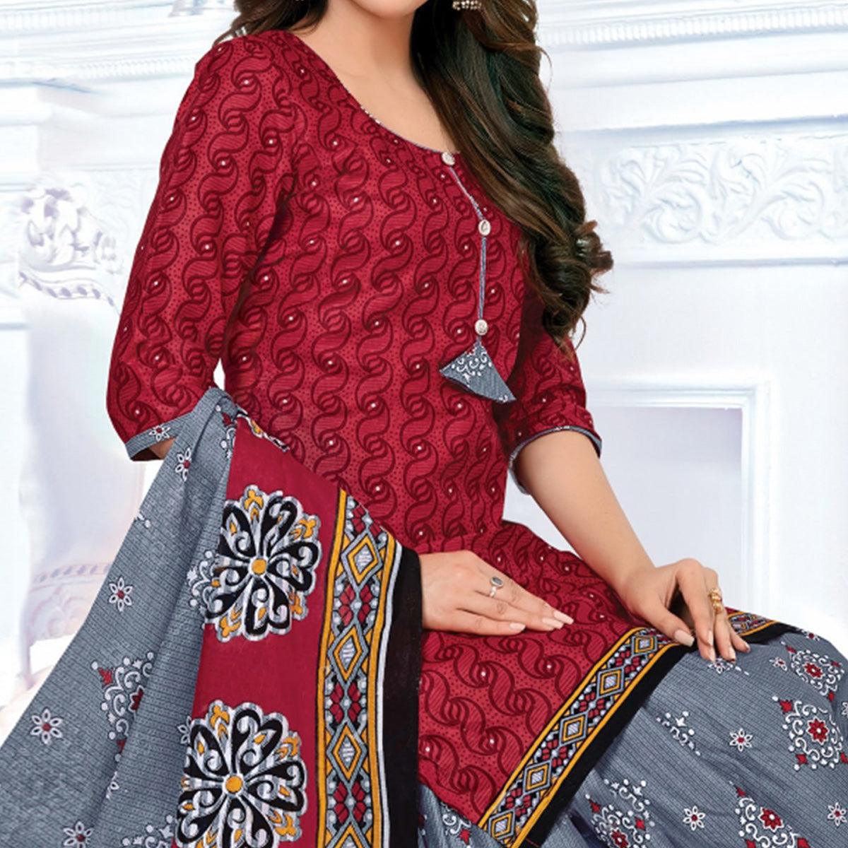 Red Casual Wear Floral Printed Cotton Patiala Dress Material - Peachmode