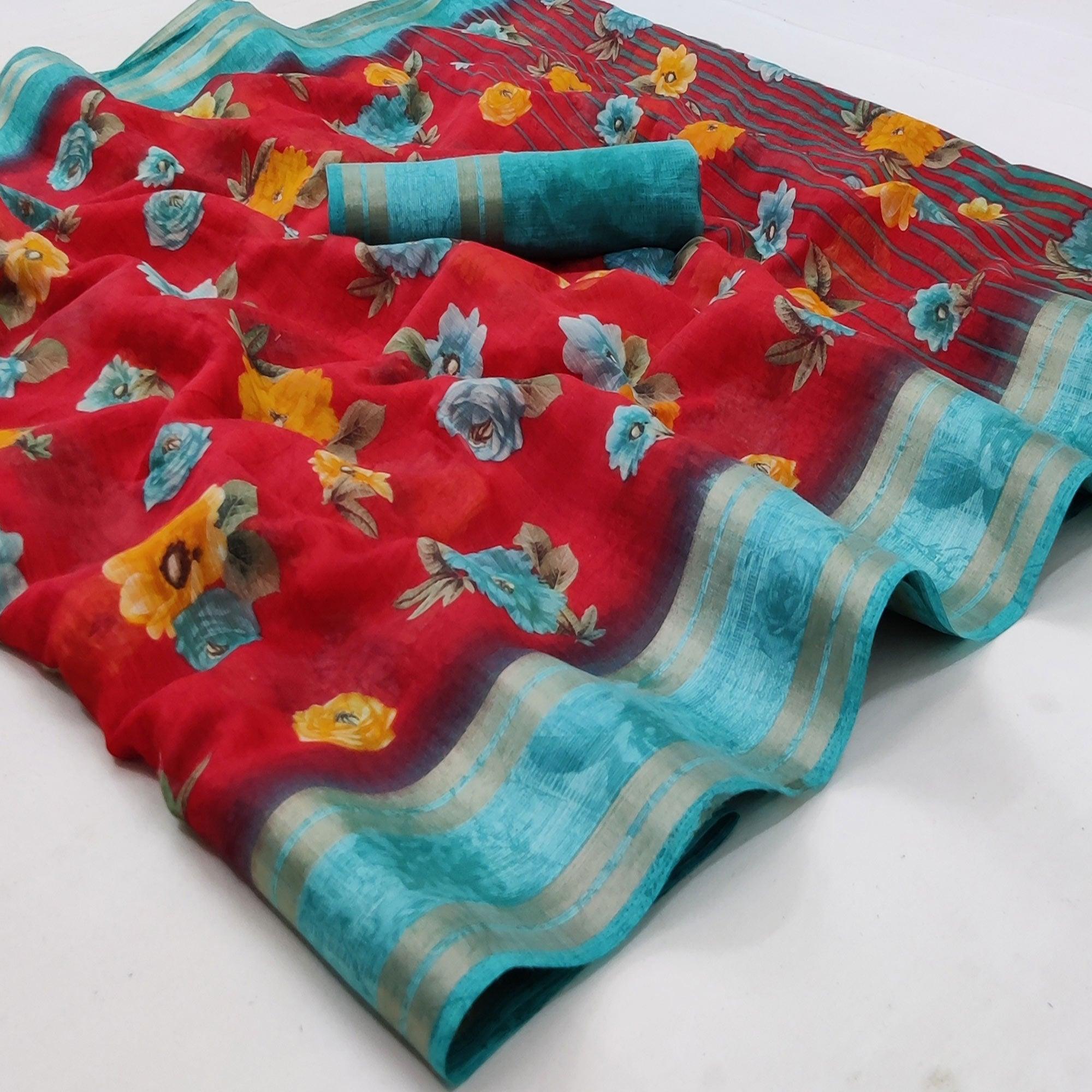Red Casual Wear Floral Printed Cotton Saree With Woven Border - Peachmode