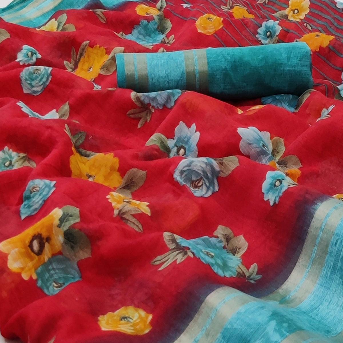 Red Casual Wear Floral Printed Cotton Saree With Woven Border - Peachmode