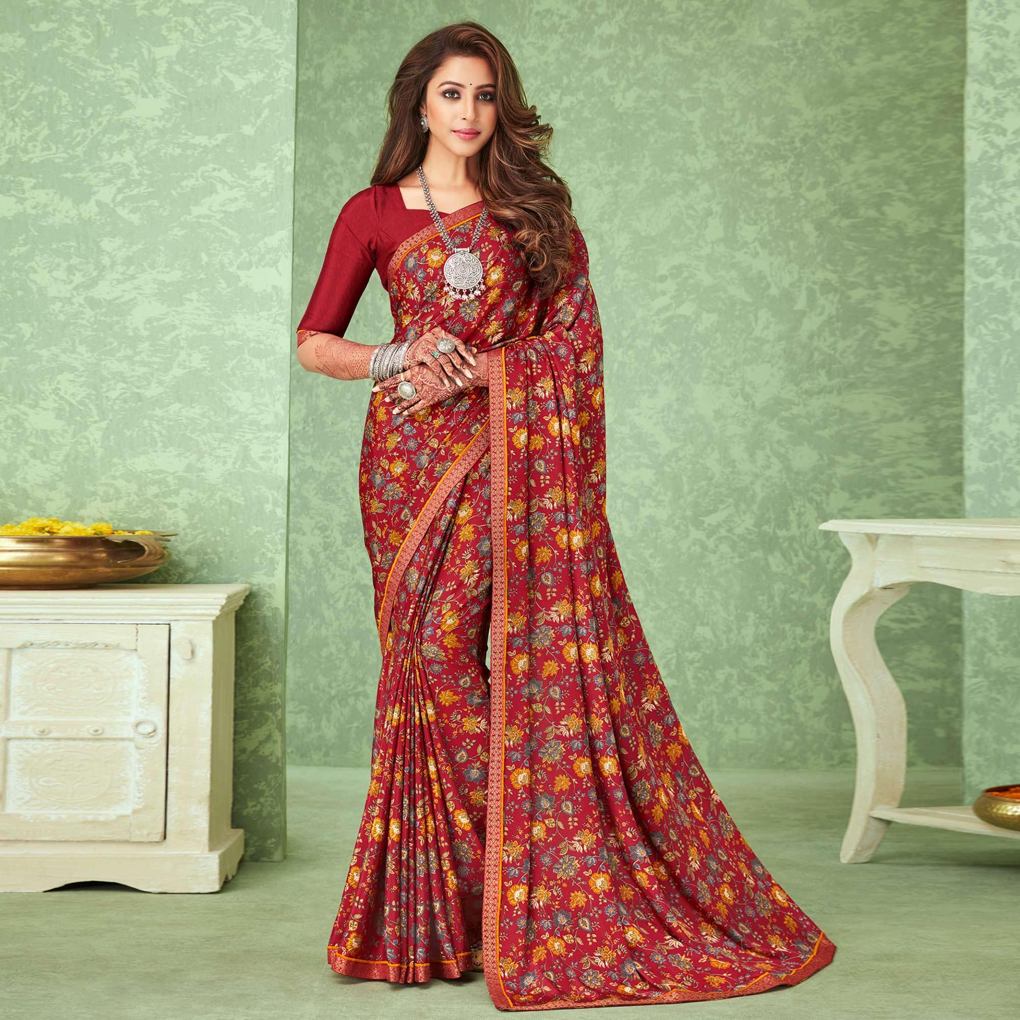 Red Casual Wear Floral Printed Crepe Saree With Banarasi Border - Peachmode