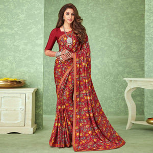 Red Casual Wear Floral Printed Crepe Saree With Banarasi Border - Peachmode