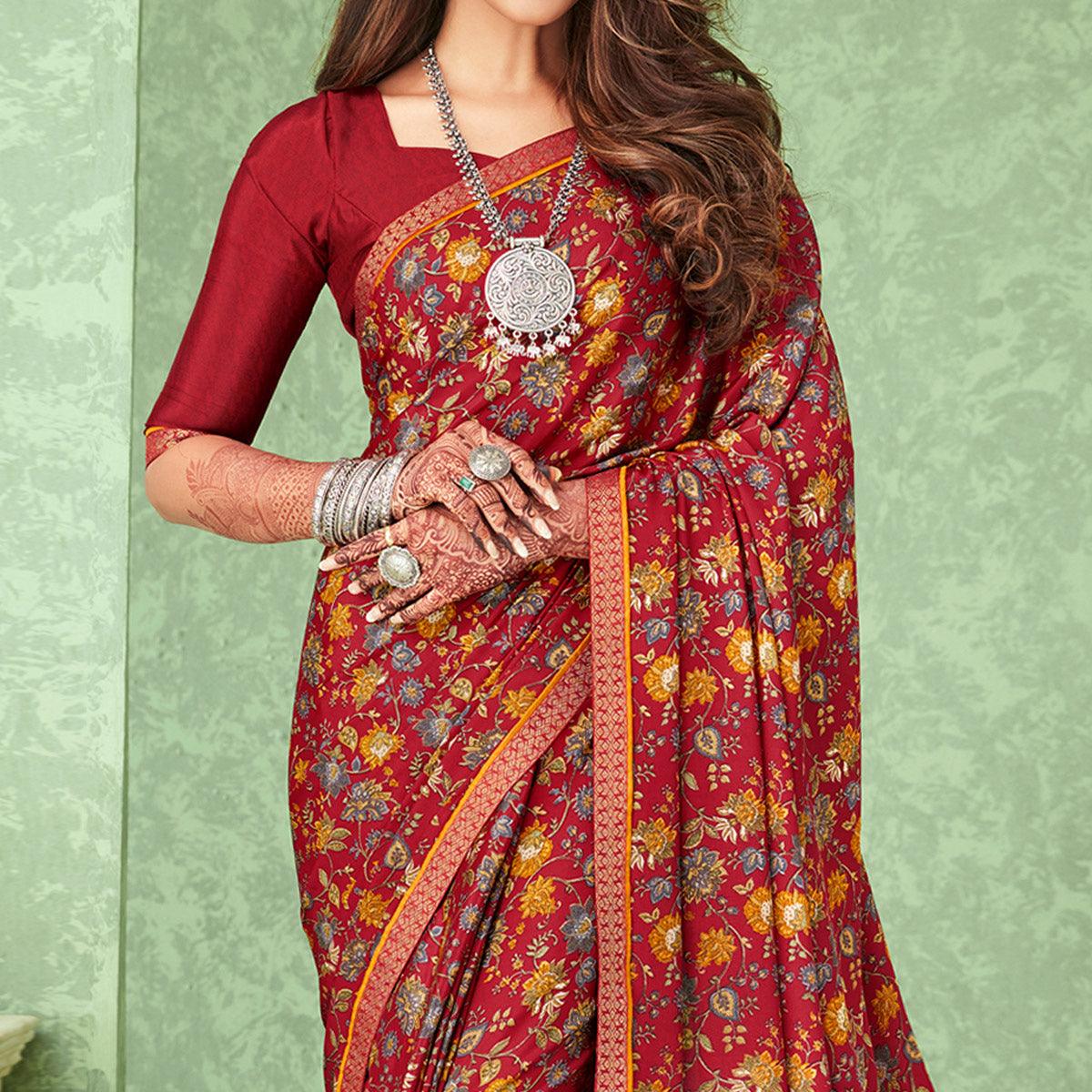 Red Casual Wear Floral Printed Crepe Saree With Banarasi Border - Peachmode