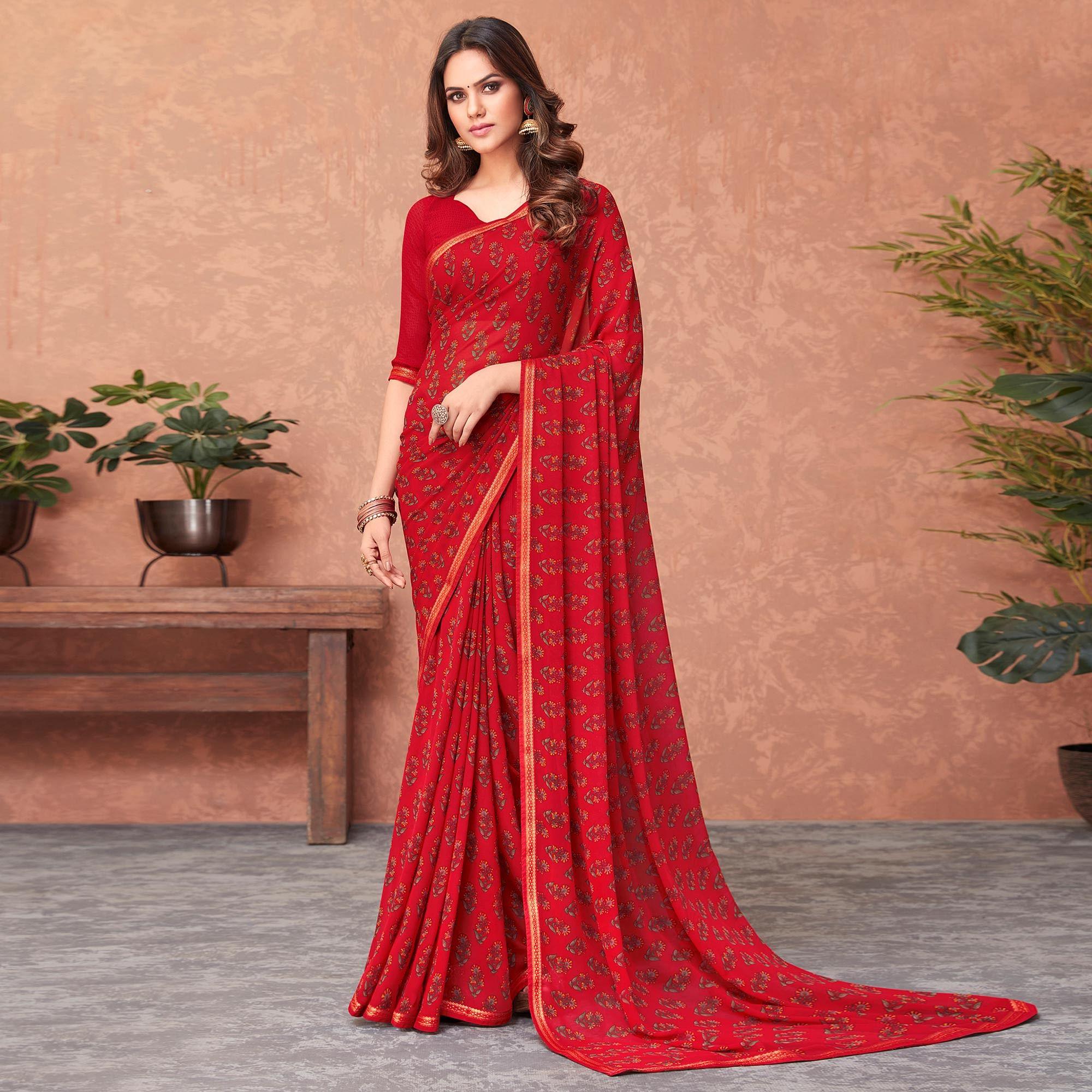 Red Casual Wear Floral Printed Georgette Saree - Peachmode