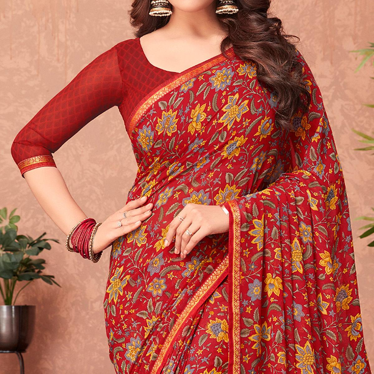 Red Casual Wear Floral Printed Georgette Saree - Peachmode