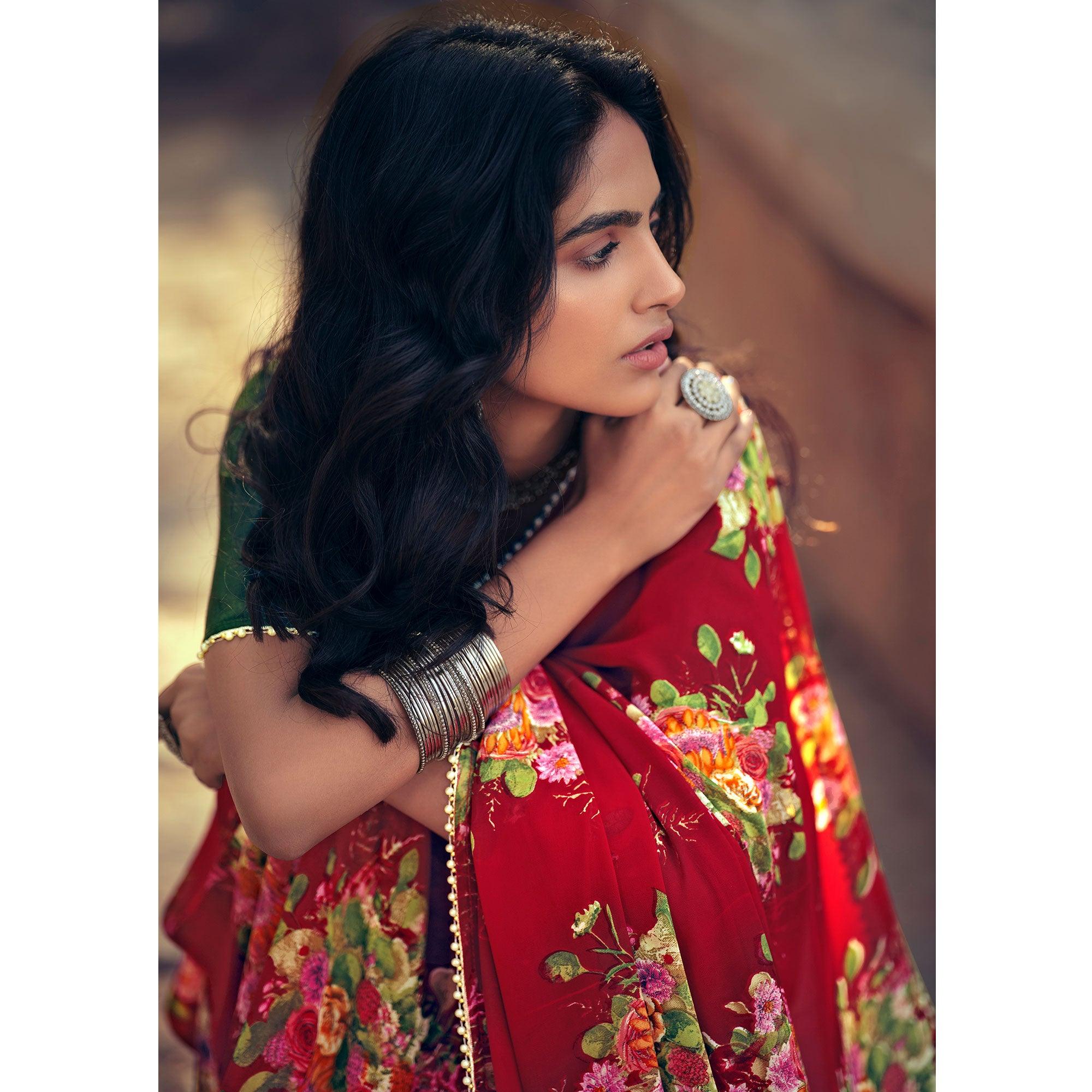 Red Casual Wear Floral Printed Georgette Saree With Pearl Beads lace - Peachmode
