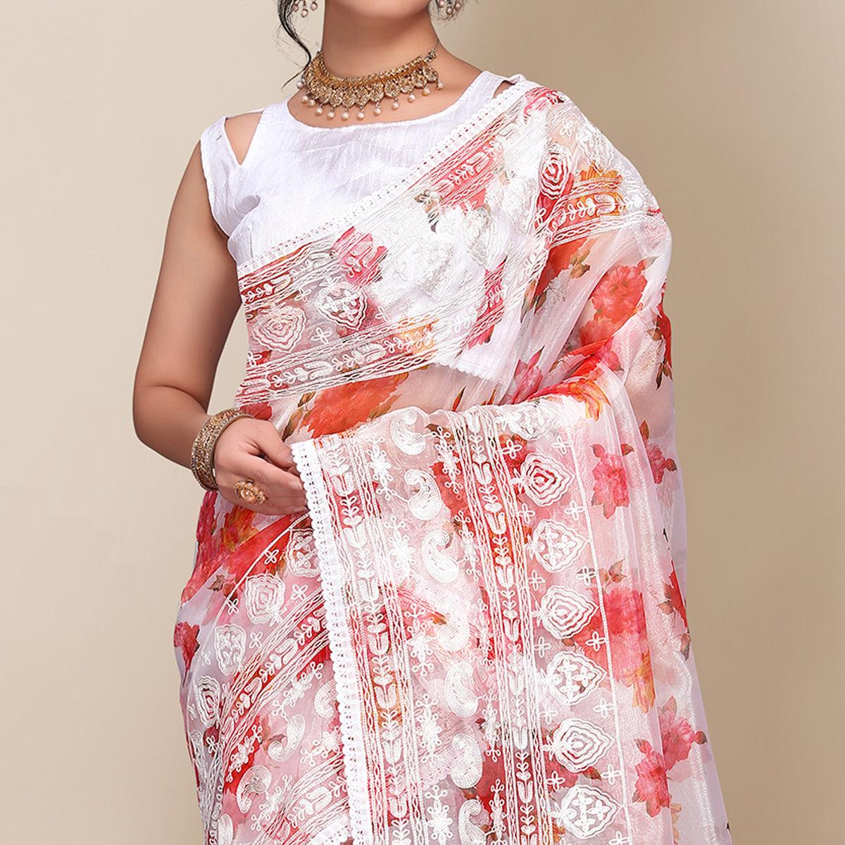 Red Casual Wear Floral Printed Organza Saree With Embroidered Border - Peachmode