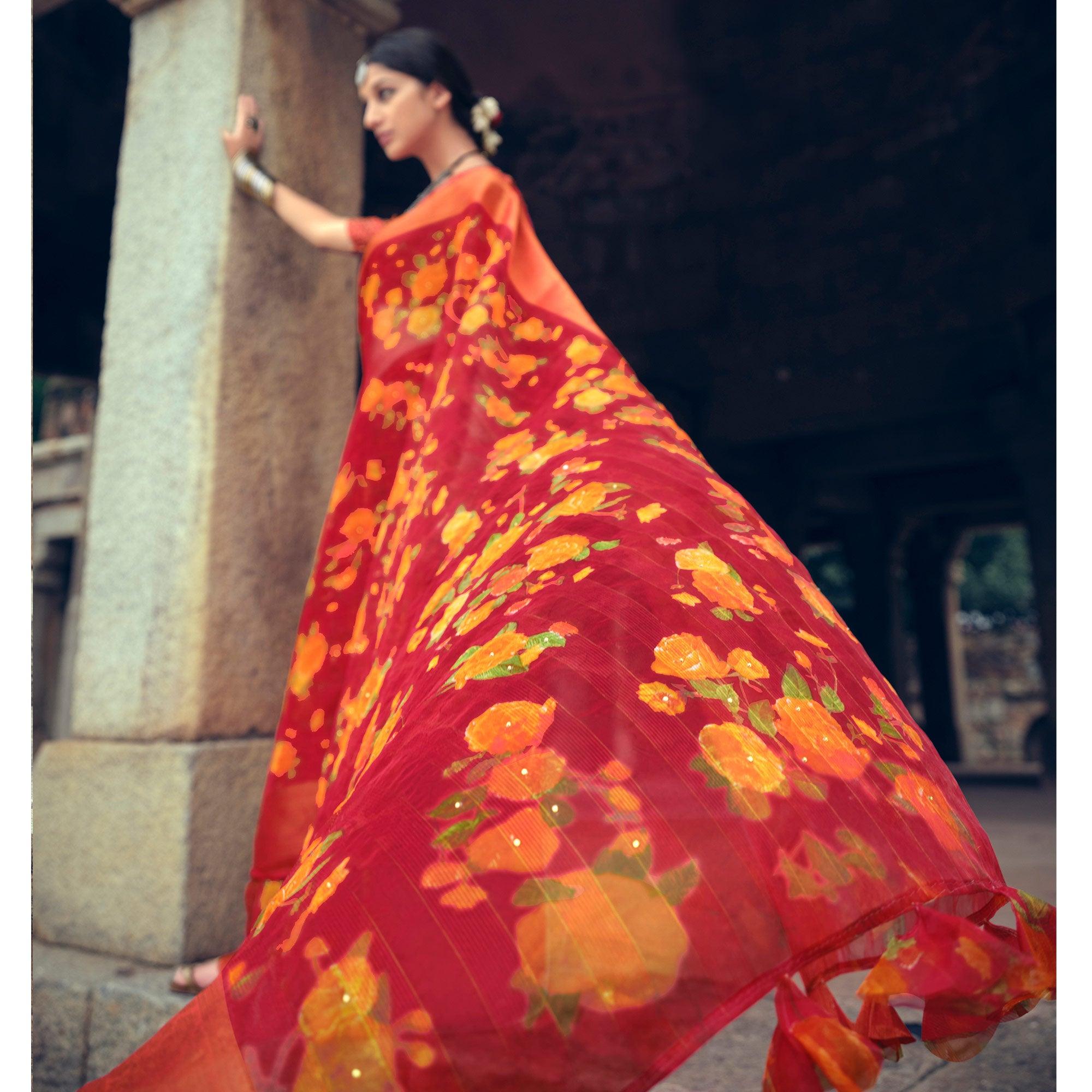 Red Casual Wear Floral Printed Organza Saree With Jacquard Border - Peachmode