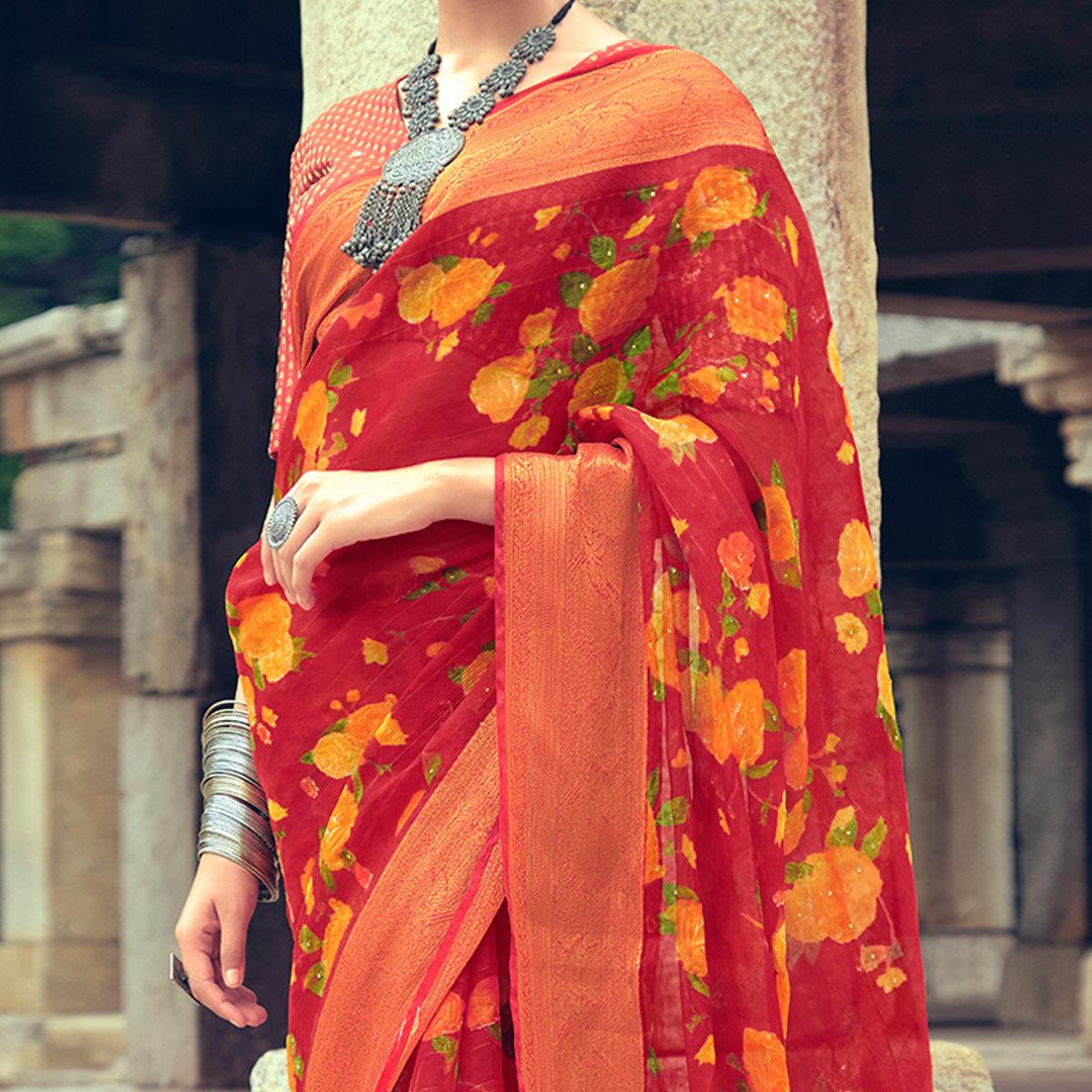 Red Casual Wear Floral Printed Organza Saree With Jacquard Border - Peachmode