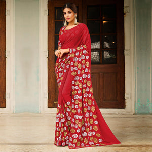 Red Casual Wear Floral Printed Soft Georgette Saree - Peachmode