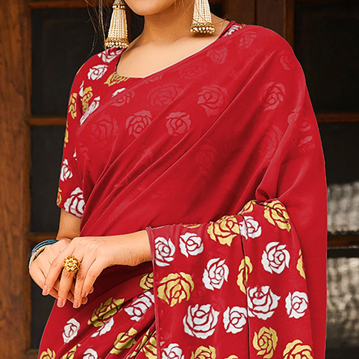 Red Casual Wear Floral Printed Soft Georgette Saree - Peachmode
