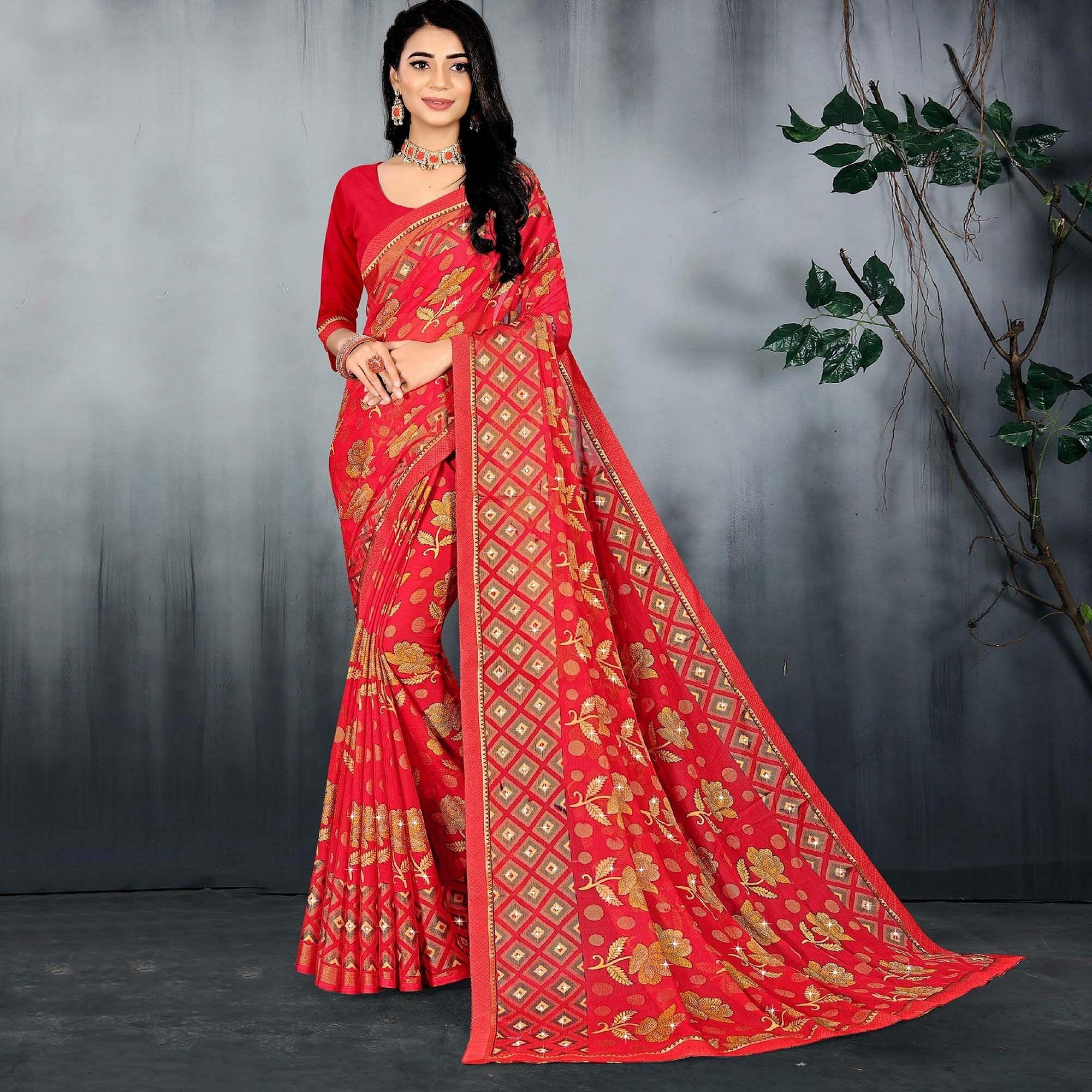 Red Casual Wear Floral Printed With Stone Work Brasso Designer Saree - Peachmode