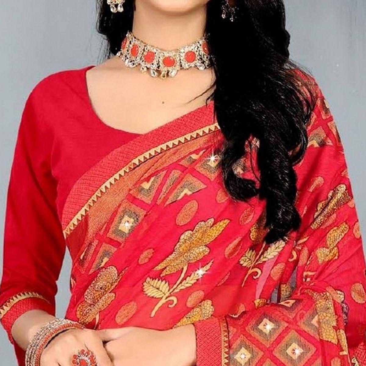 Red Casual Wear Floral Printed With Stone Work Brasso Designer Saree - Peachmode
