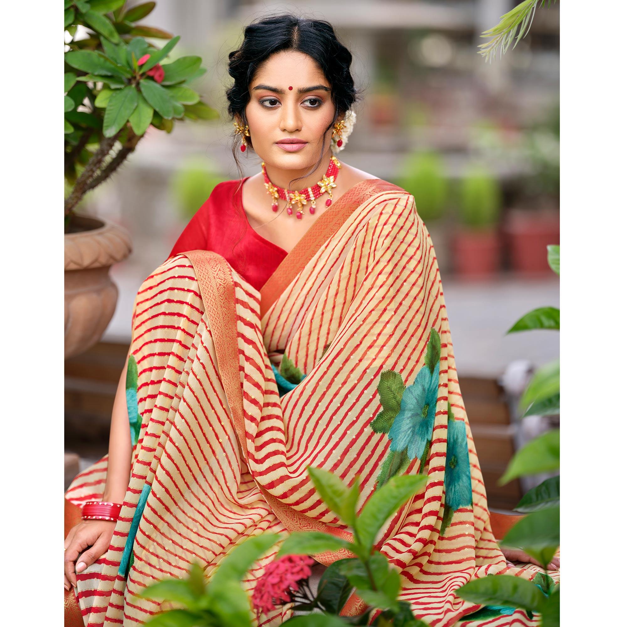 Red Casual Wear Floral With Striped Printed Georgette Saree - Peachmode