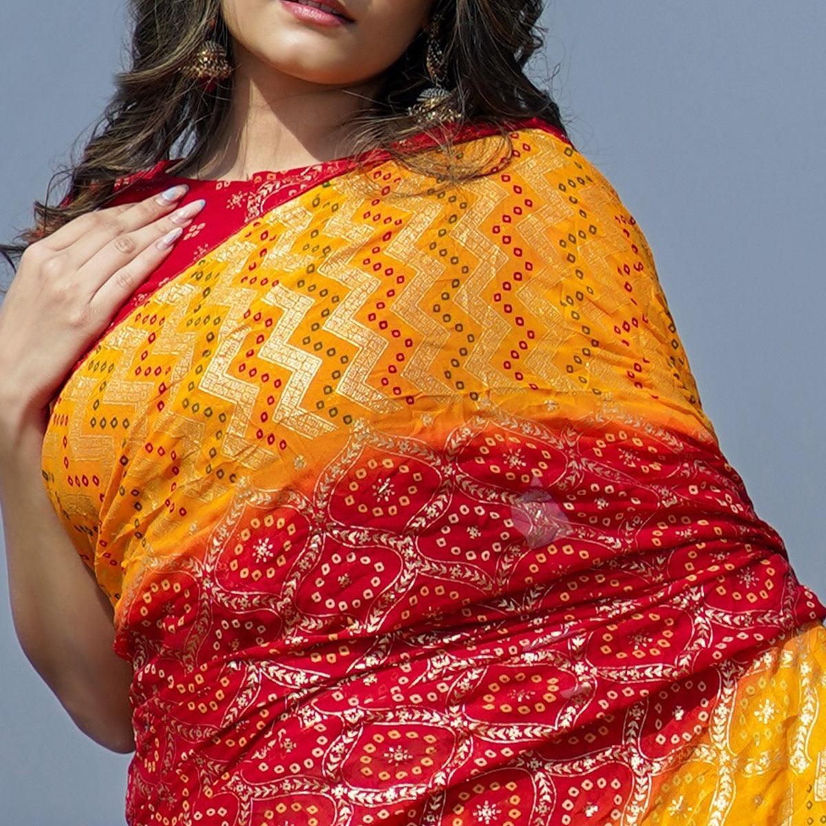 Red Casual Wear Foil Printed Crepe Saree - Peachmode