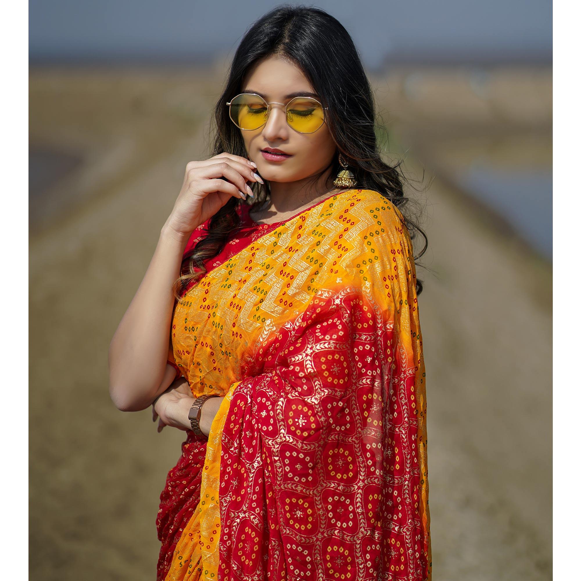 Red Casual Wear Foil Printed Crepe Saree - Peachmode