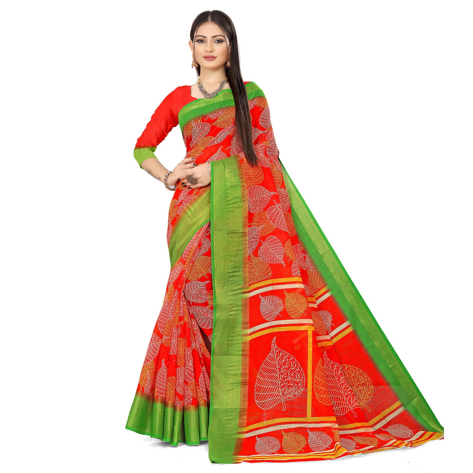 Red Casual Wear Leaf Printed Cotton Linen Saree - Peachmode