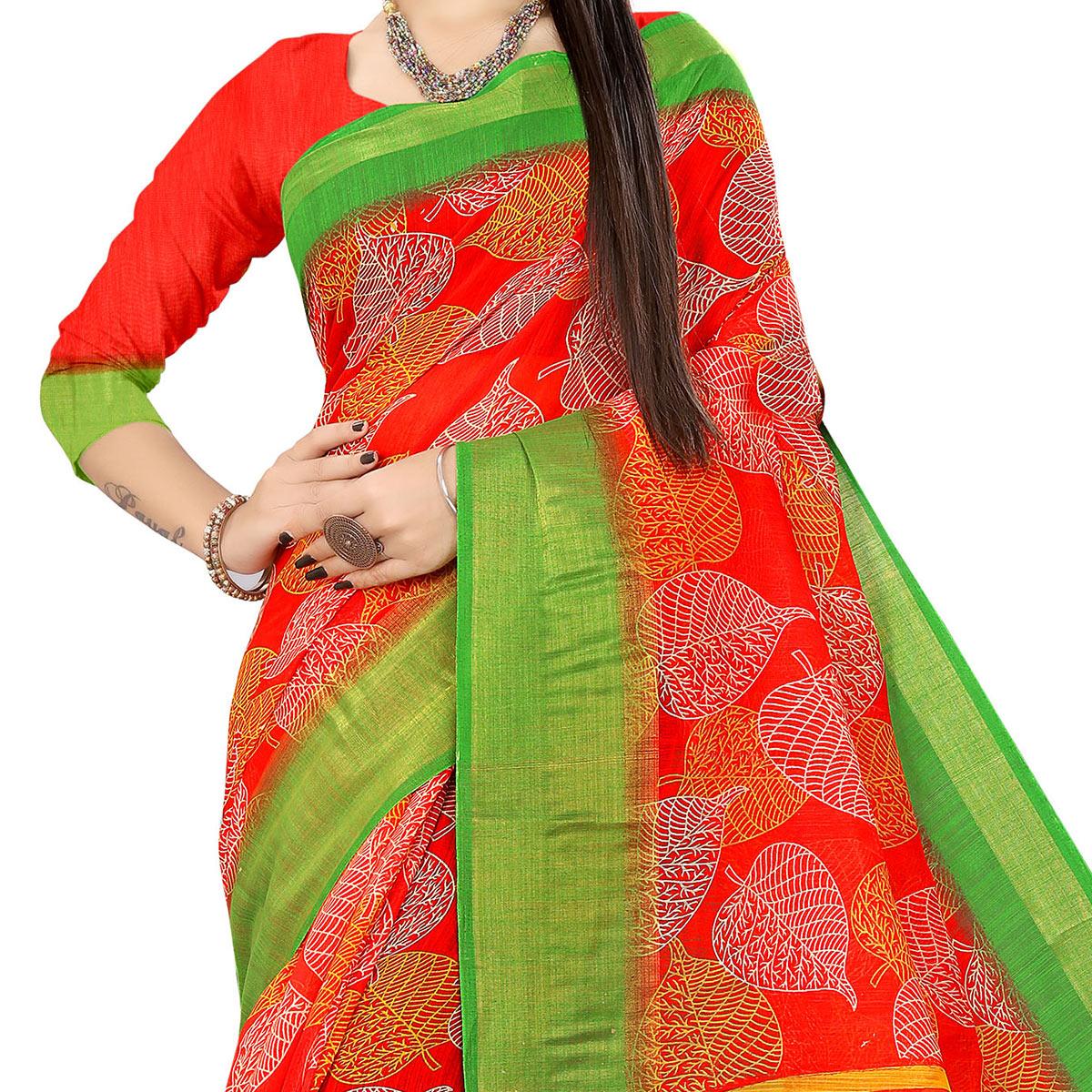 Red Casual Wear Leaf Printed Cotton Linen Saree - Peachmode
