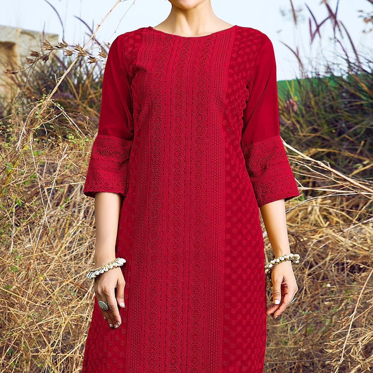 Red Casual Wear Lucknowi Embroidered Georgette Kurti - Peachmode