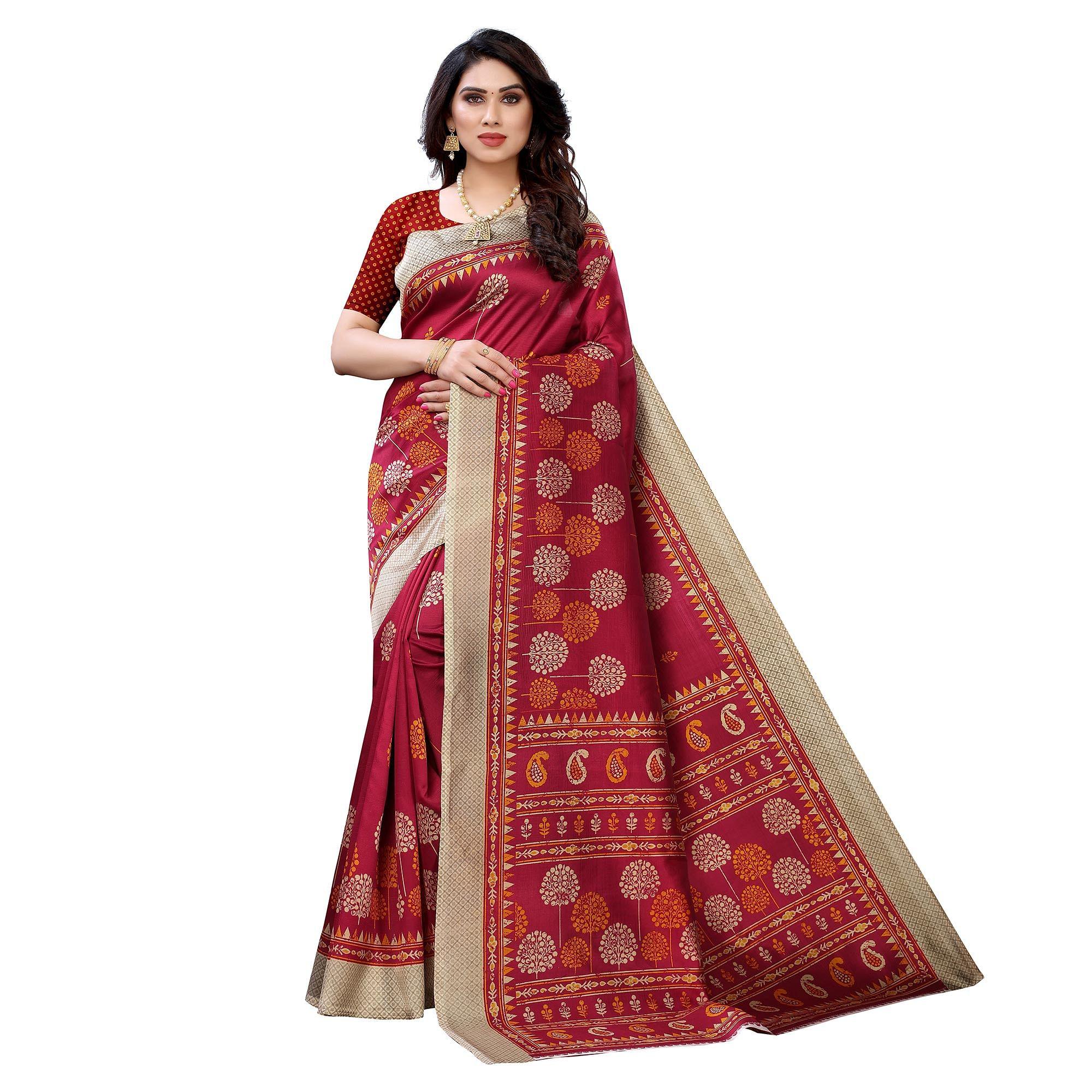 Red Casual Wear Printed Art Silk Saree - Peachmode
