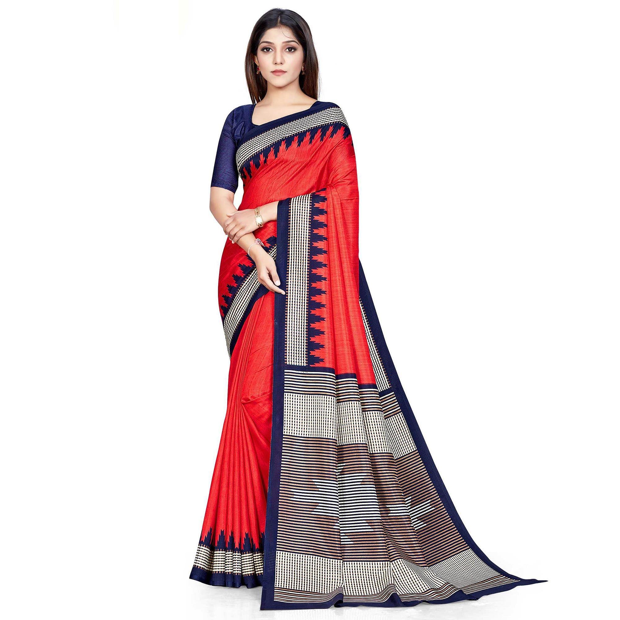 Red Casual Wear Printed Art Silk Saree - Peachmode