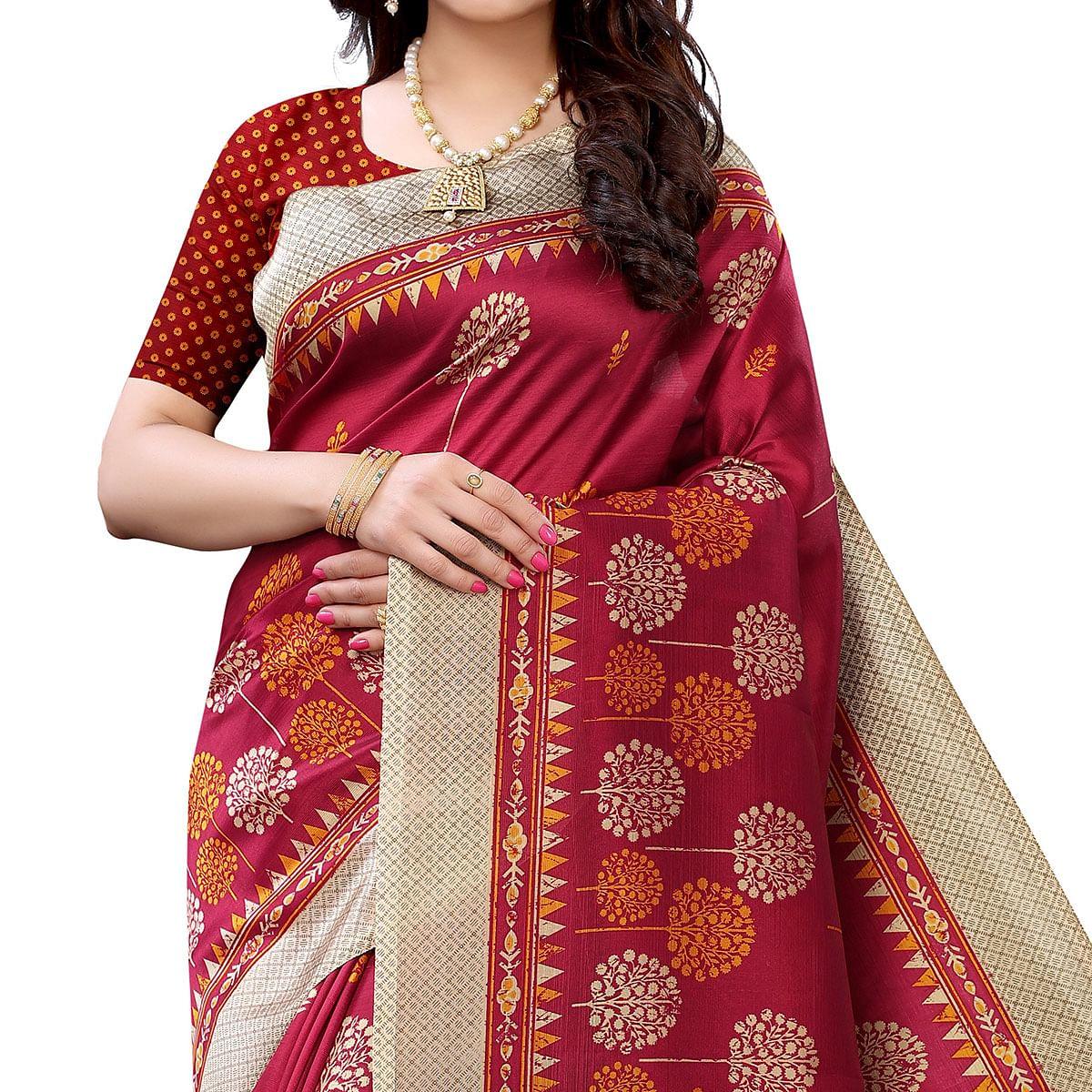 Red Casual Wear Printed Art Silk Saree - Peachmode