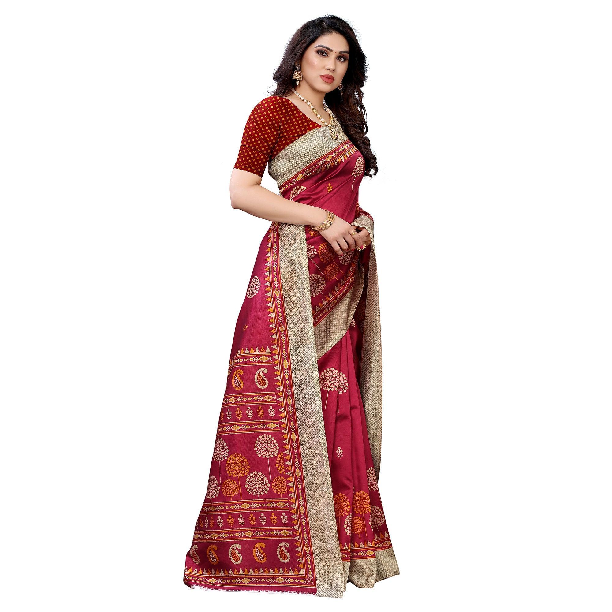 Red Casual Wear Printed Art Silk Saree - Peachmode