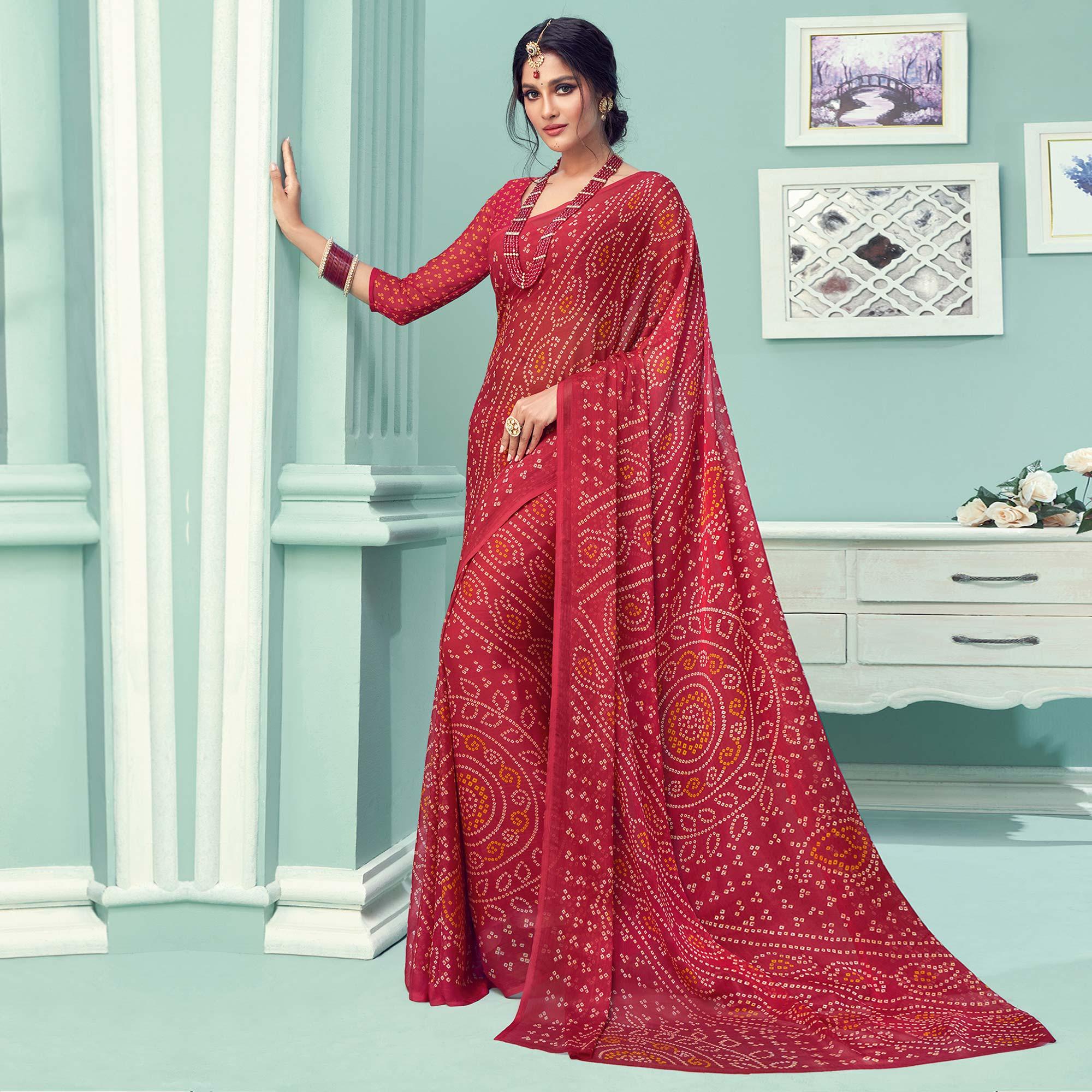 Red Casual Wear Printed Chiffon Bandhani Saree - Peachmode