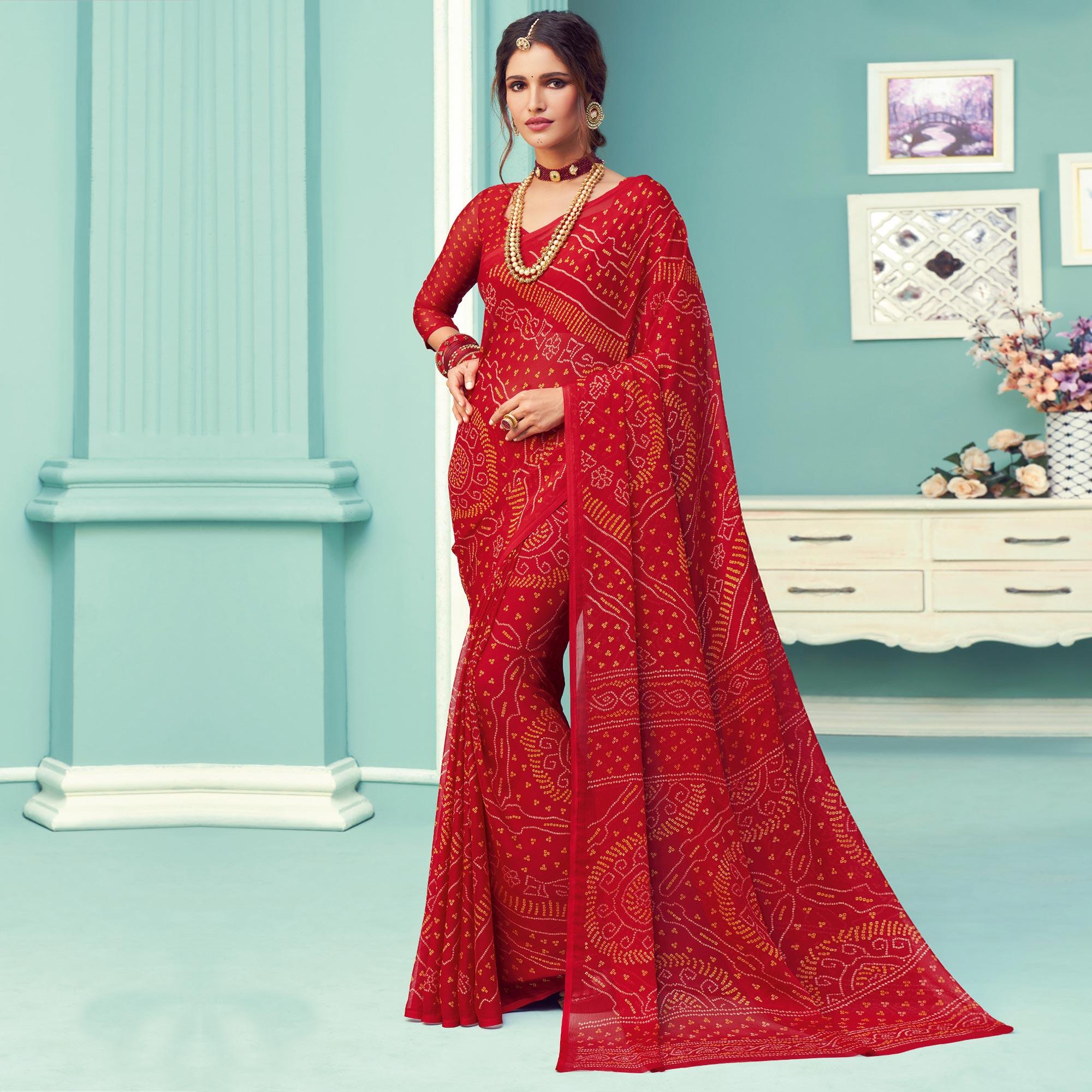 Red Casual Wear Printed Chiffon Bandhani Saree - Peachmode