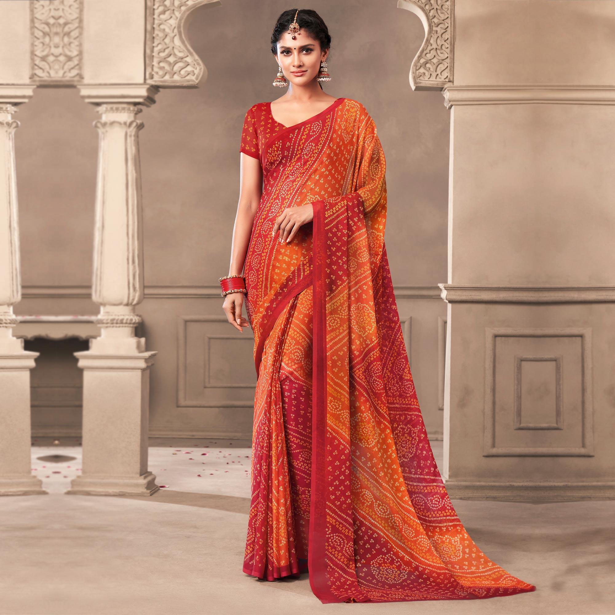 Red Casual Wear Printed Chiffon Saree - Peachmode