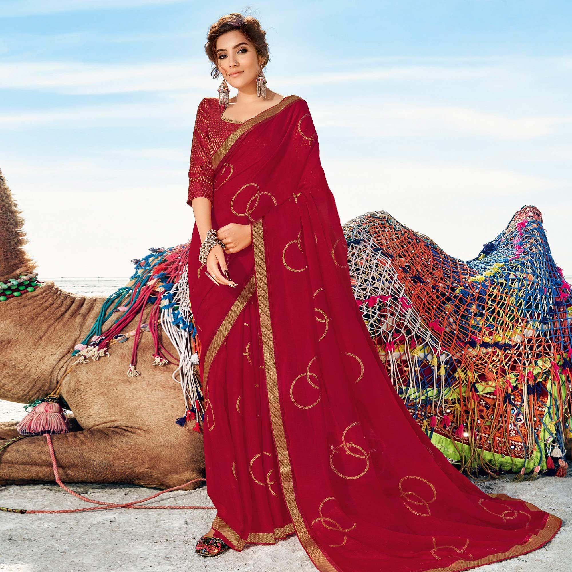 Red Casual Wear Printed Chiffon Saree - Peachmode