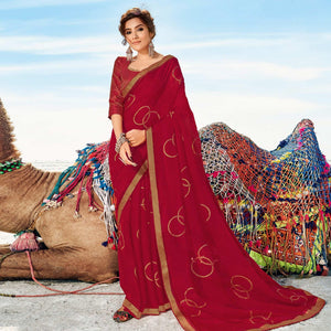 Red Casual Wear Printed Chiffon Saree - Peachmode
