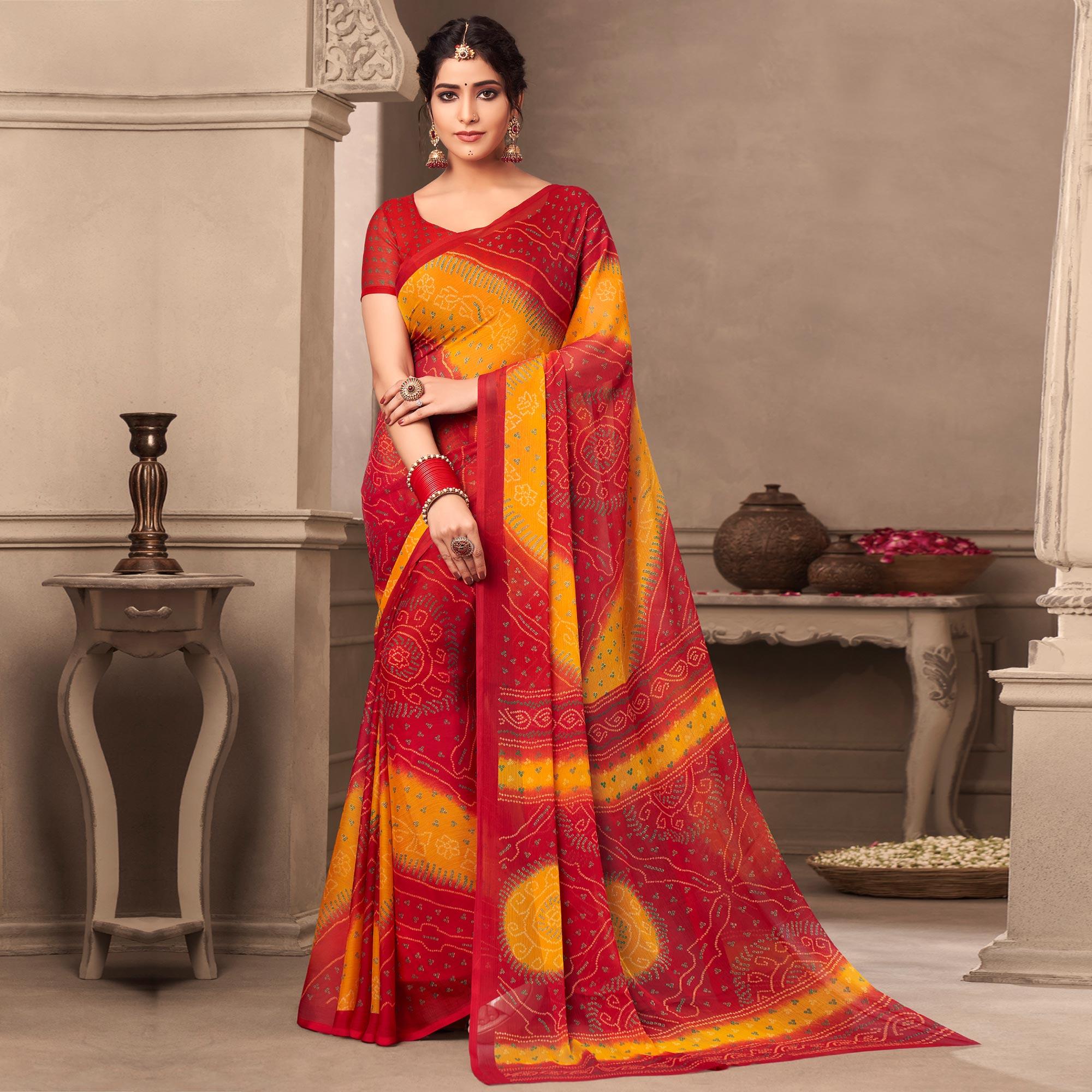 Red Casual Wear Printed Chiffon Saree - Peachmode