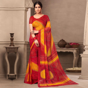 Red Casual Wear Printed Chiffon Saree - Peachmode