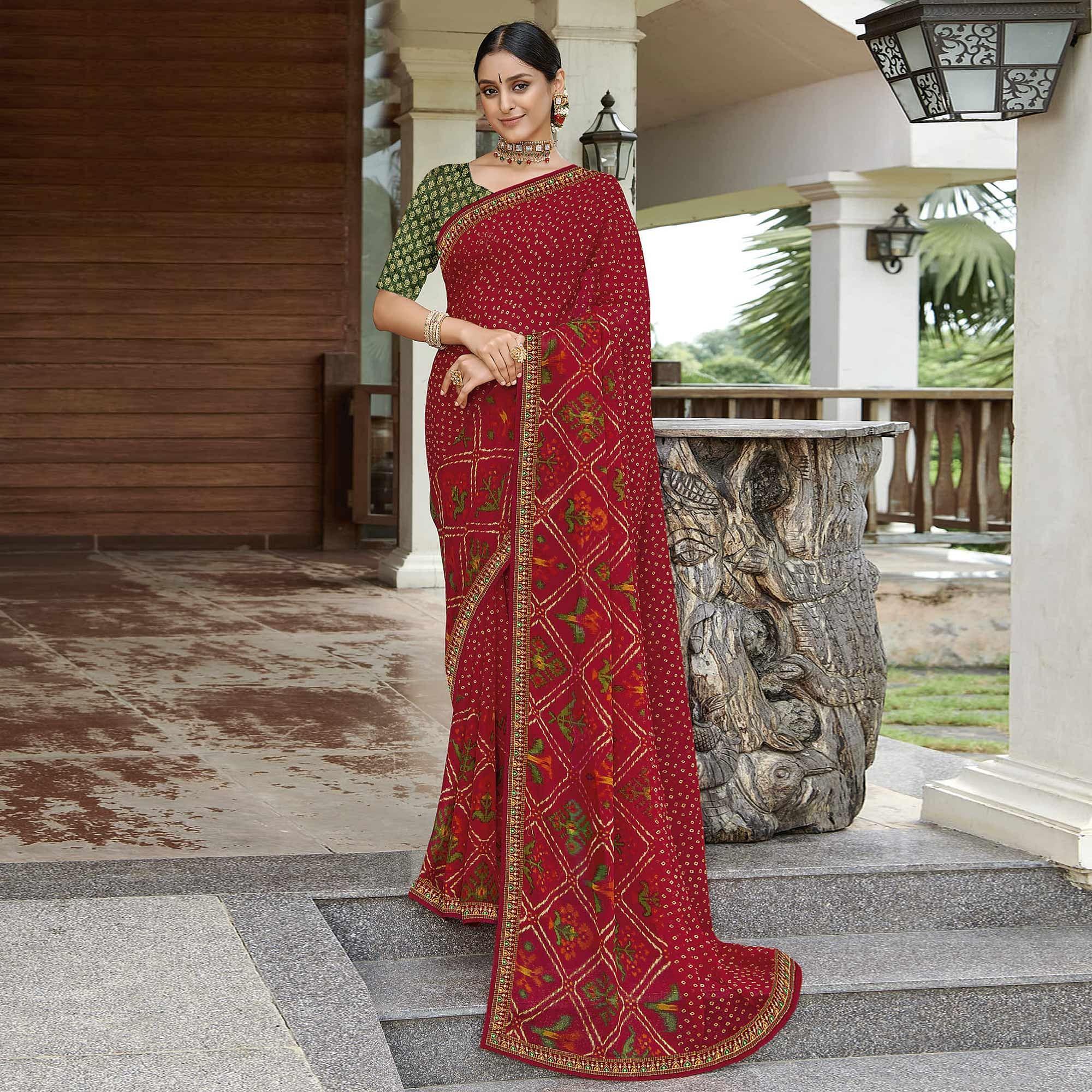 Red Casual Wear Printed Chiffon Saree - Peachmode