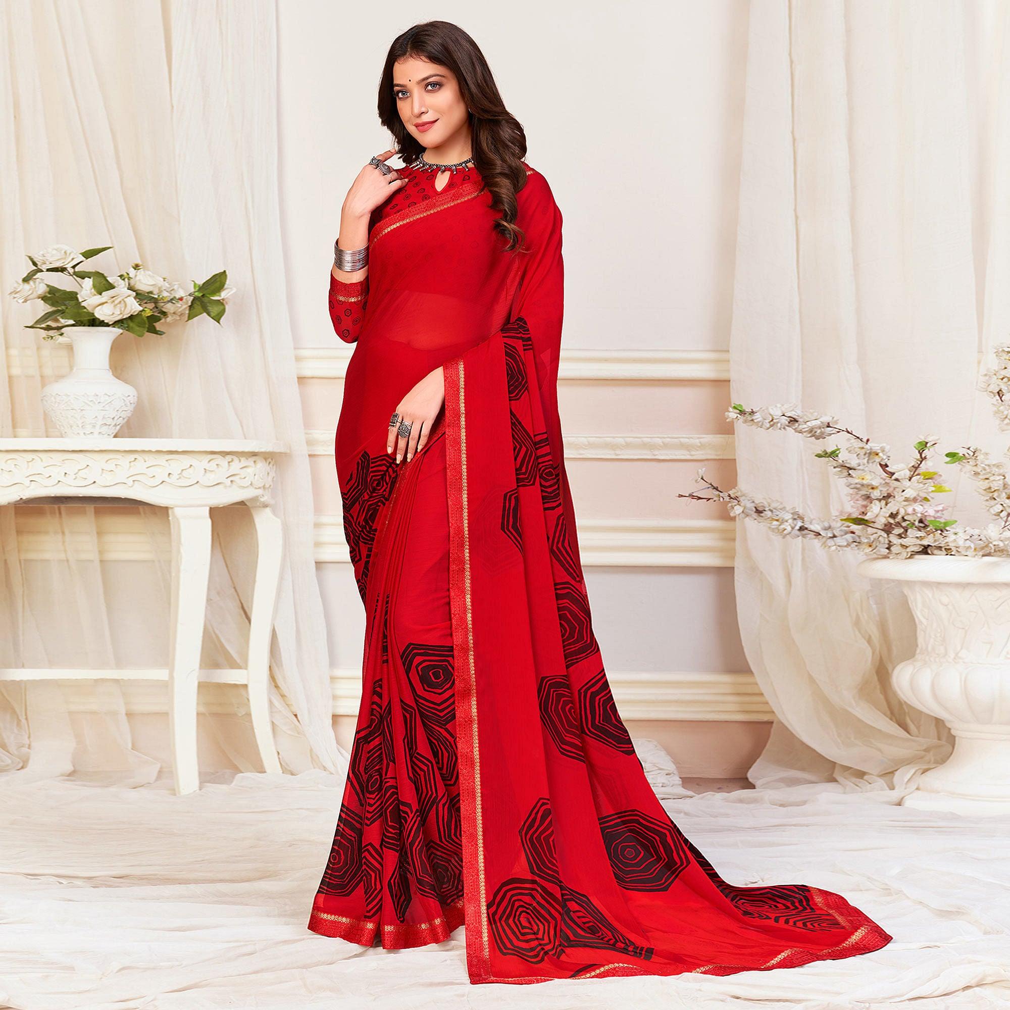 Red Casual Wear Printed Chiffon Saree - Peachmode