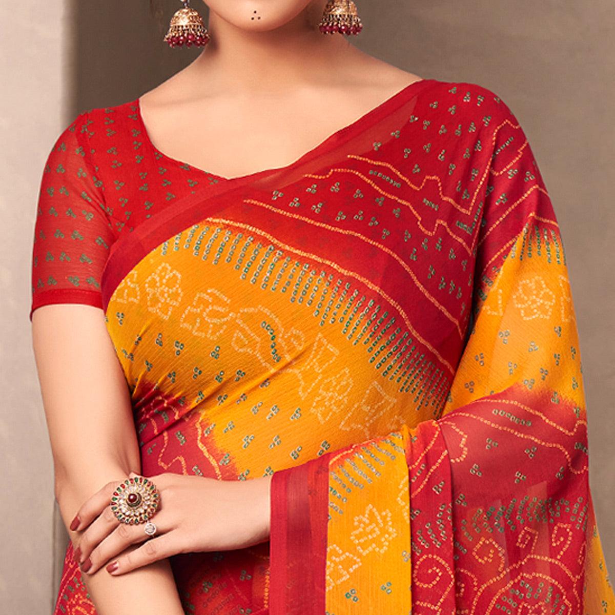 Red Casual Wear Printed Chiffon Saree - Peachmode