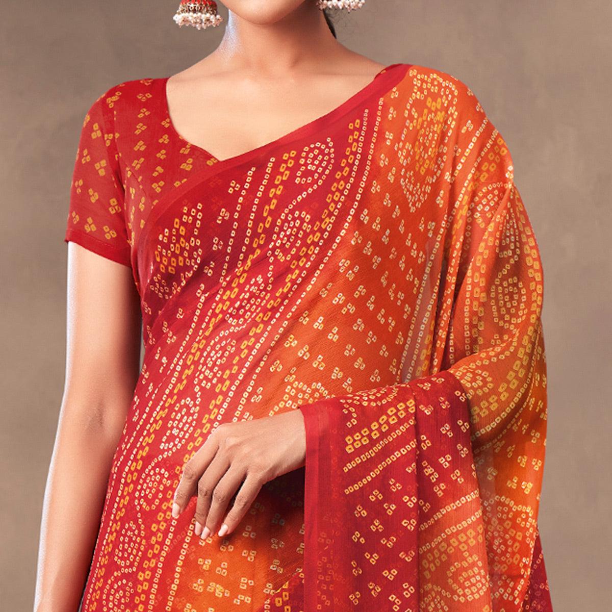 Red Casual Wear Printed Chiffon Saree - Peachmode