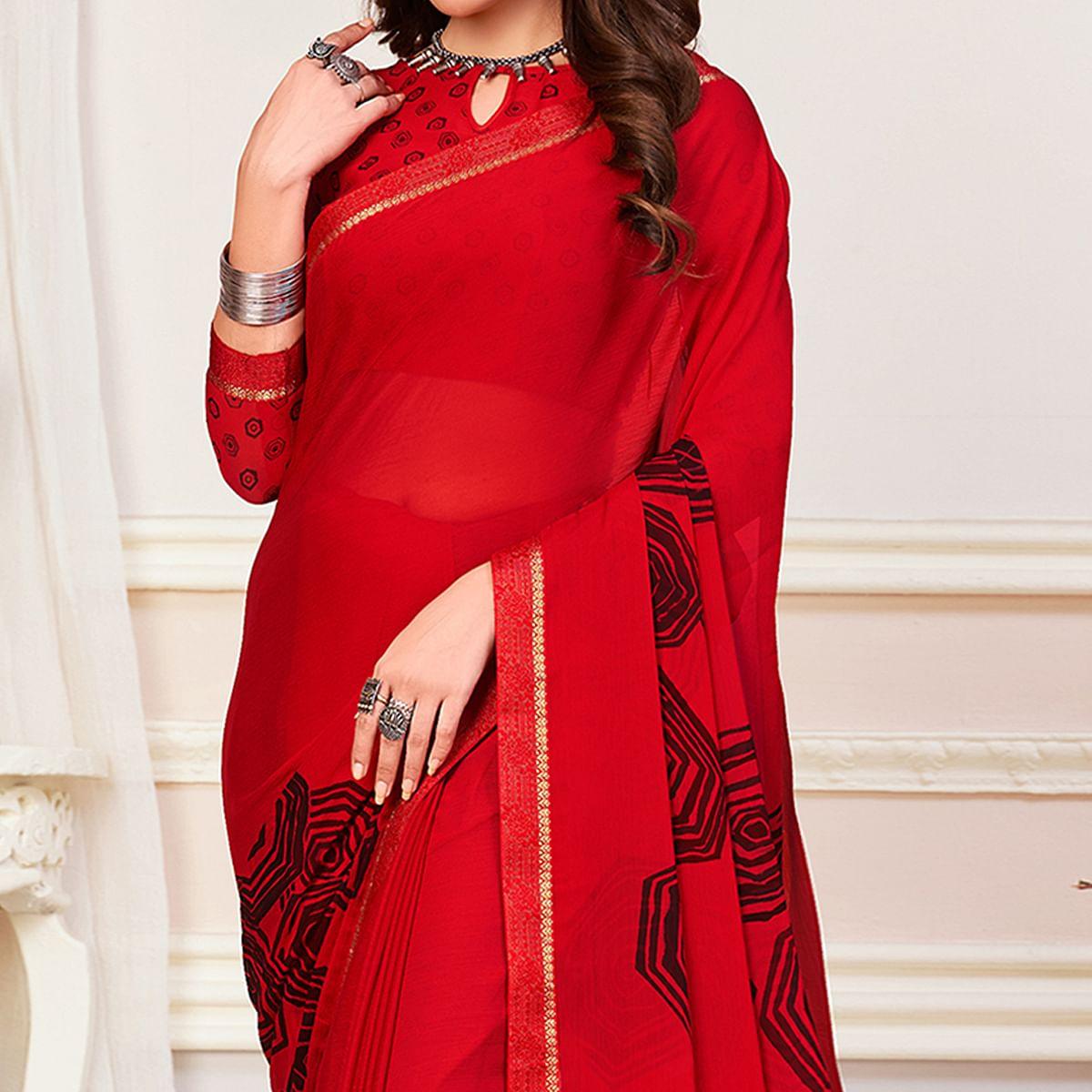 Red Casual Wear Printed Chiffon Saree - Peachmode