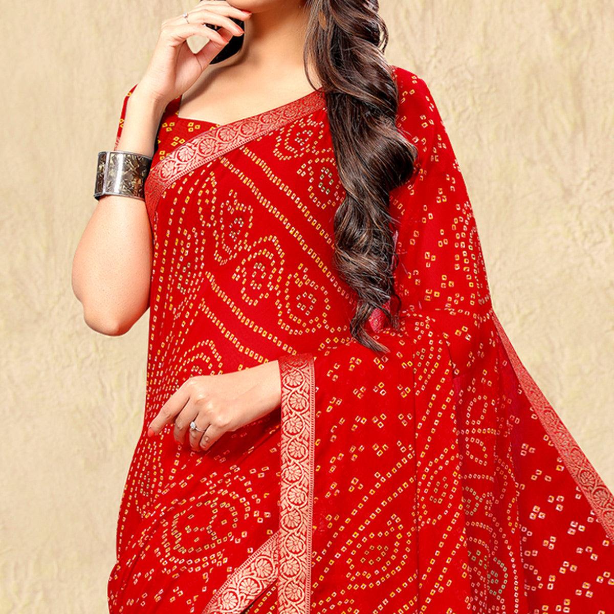 Red Casual Wear Printed Chiffon Saree - Peachmode