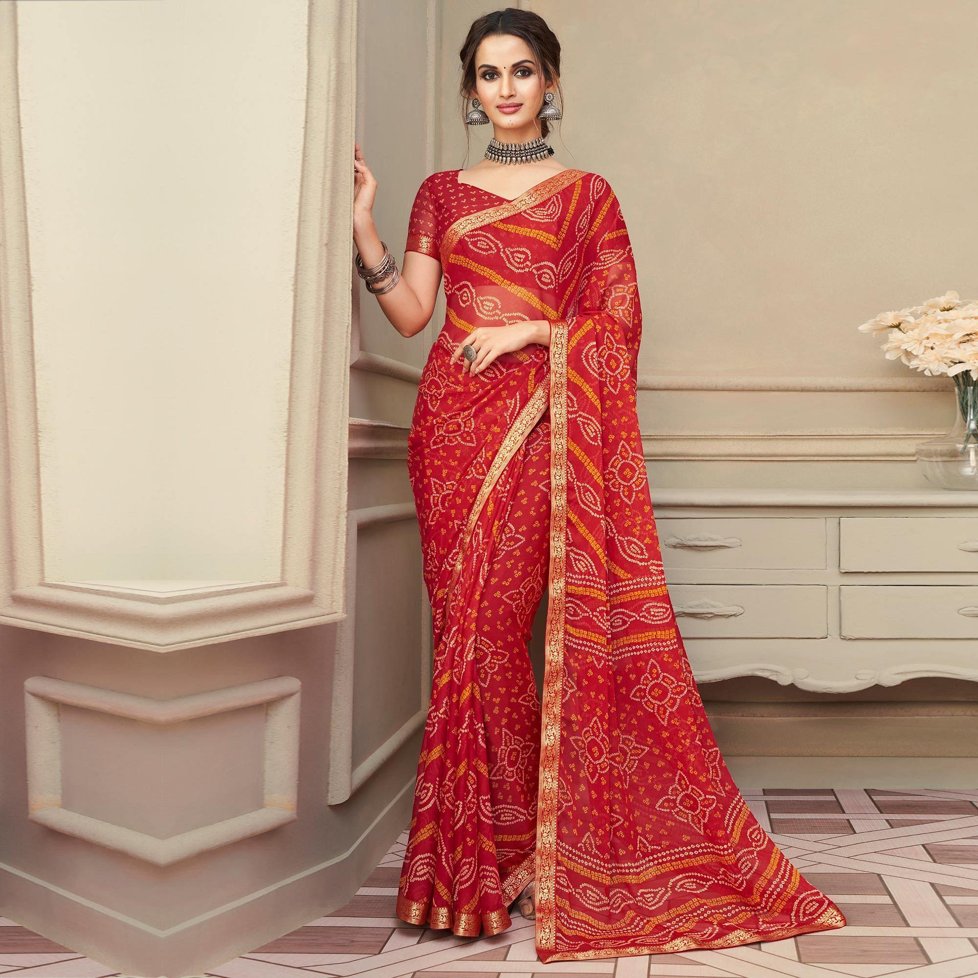 Red Casual Wear Printed Chiffon Saree with Banarasi Border - Peachmode