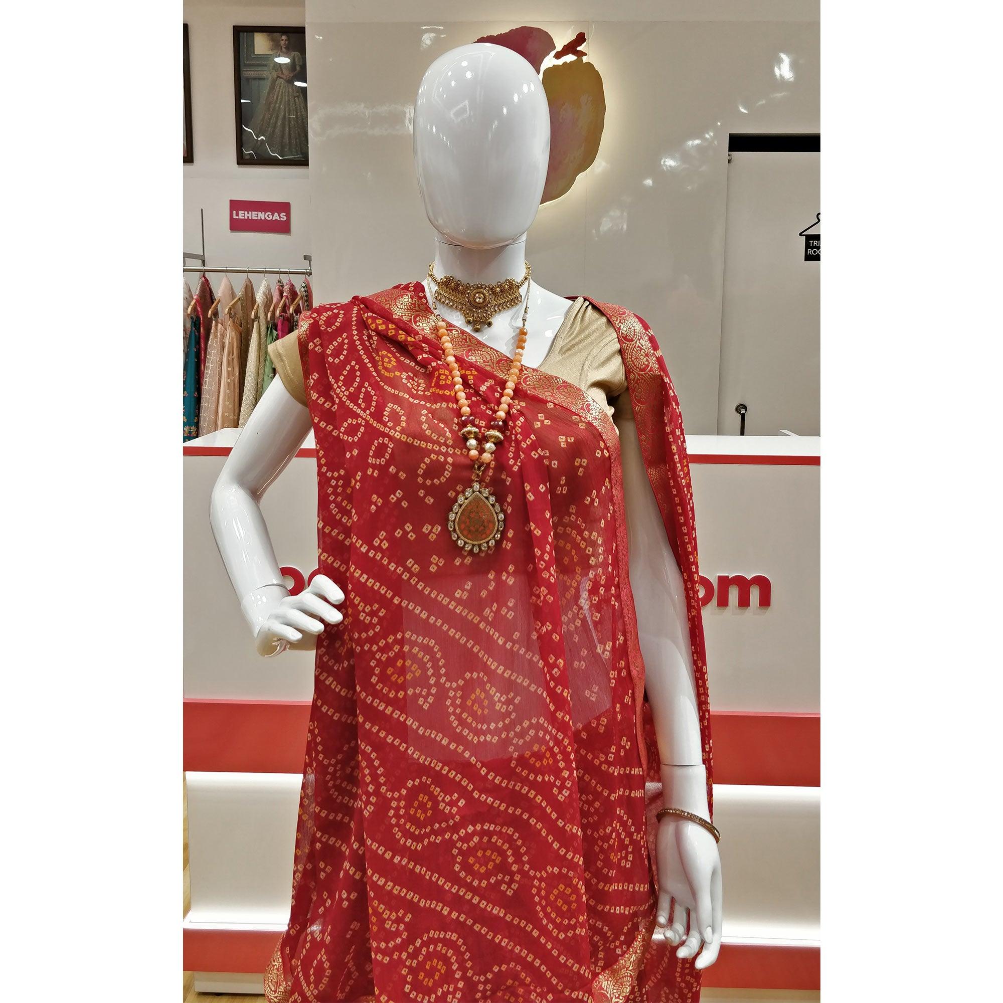 Red Casual Wear Printed Chiffon Saree with Banarasi Border - Peachmode