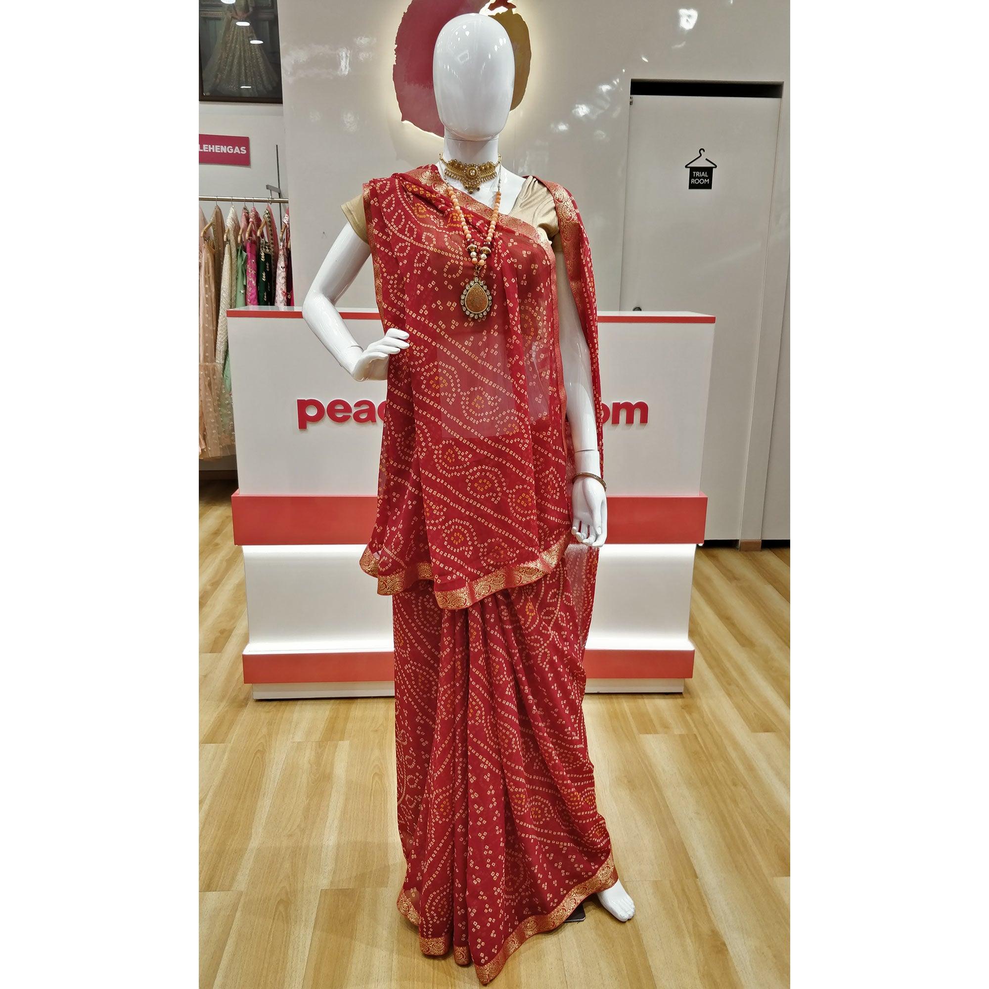Red Casual Wear Printed Chiffon Saree with Banarasi Border - Peachmode