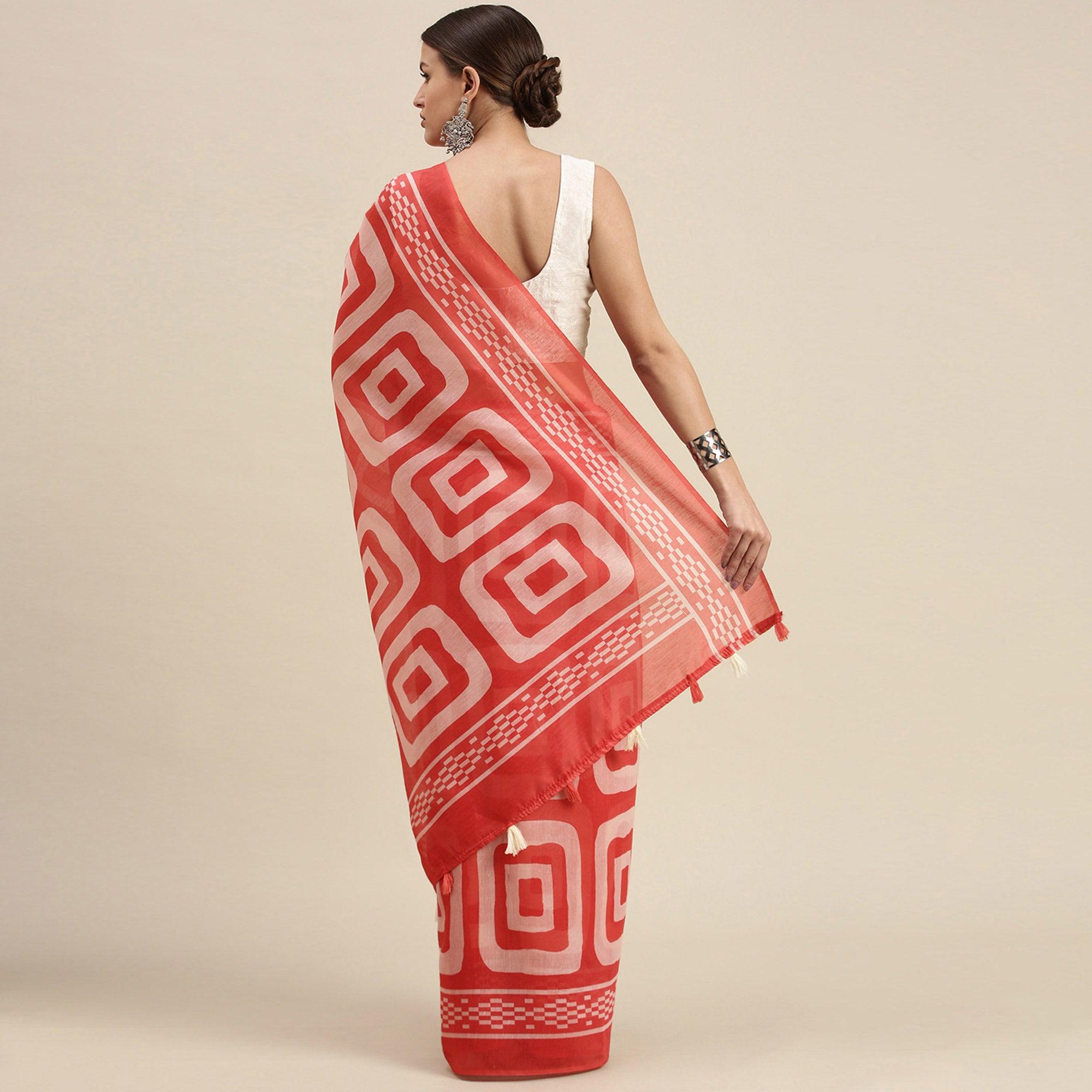Red Casual Wear Printed Cotton Blend Saree With Tassels - Peachmode