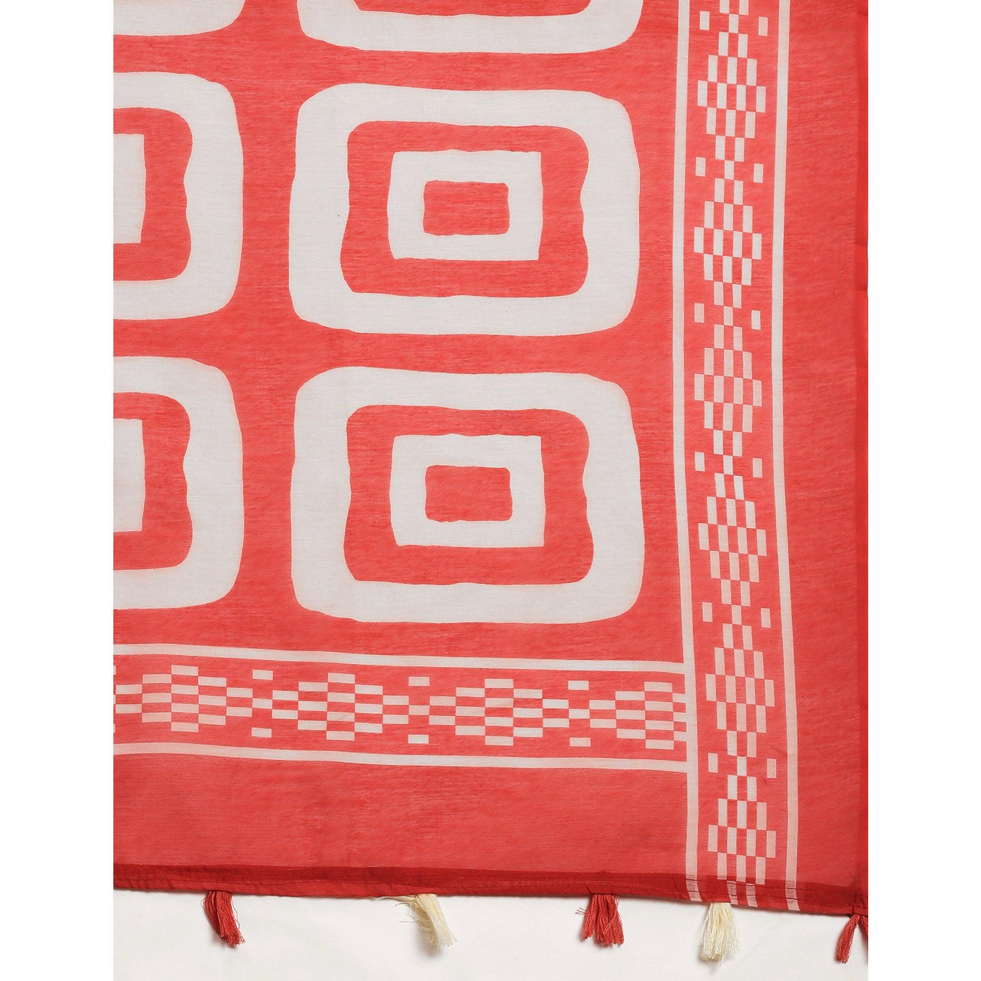 Red Casual Wear Printed Cotton Blend Saree With Tassels - Peachmode