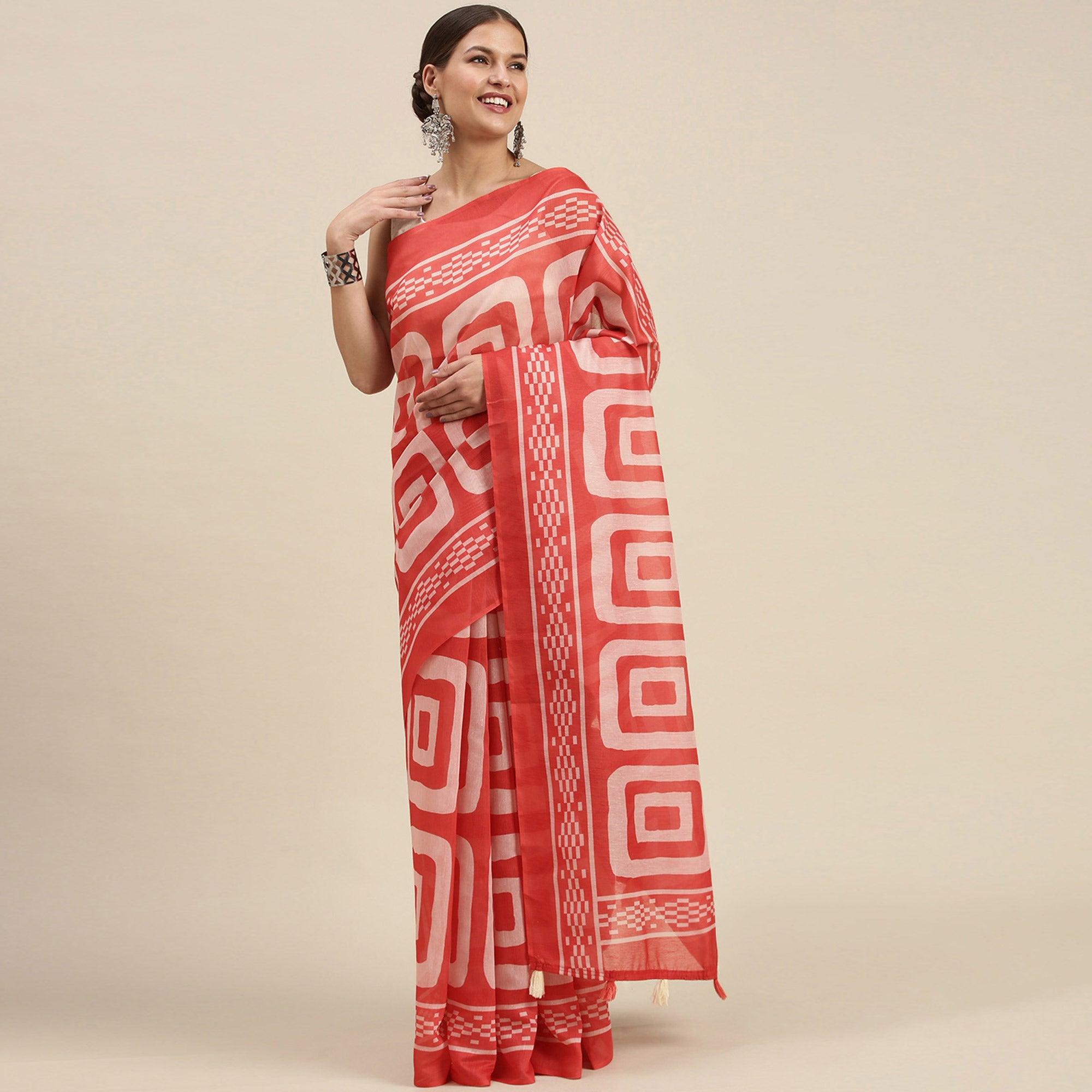 Red Casual Wear Printed Cotton Blend Saree With Tassels - Peachmode