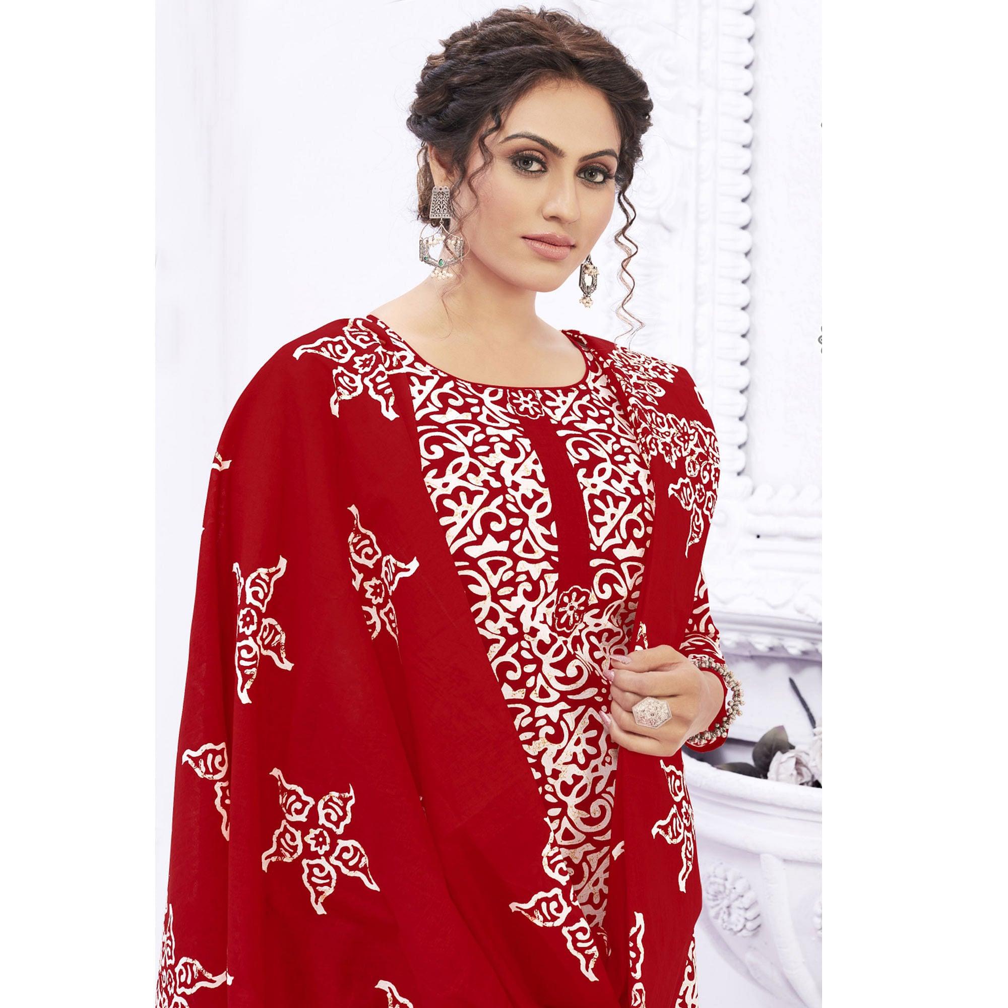 Red Casual Wear Printed Cotton Dress Material - Peachmode