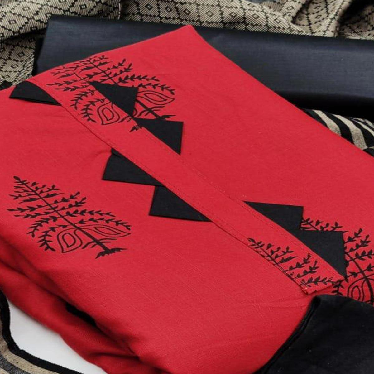 Red Casual Wear Printed Cotton Dress Material - Peachmode