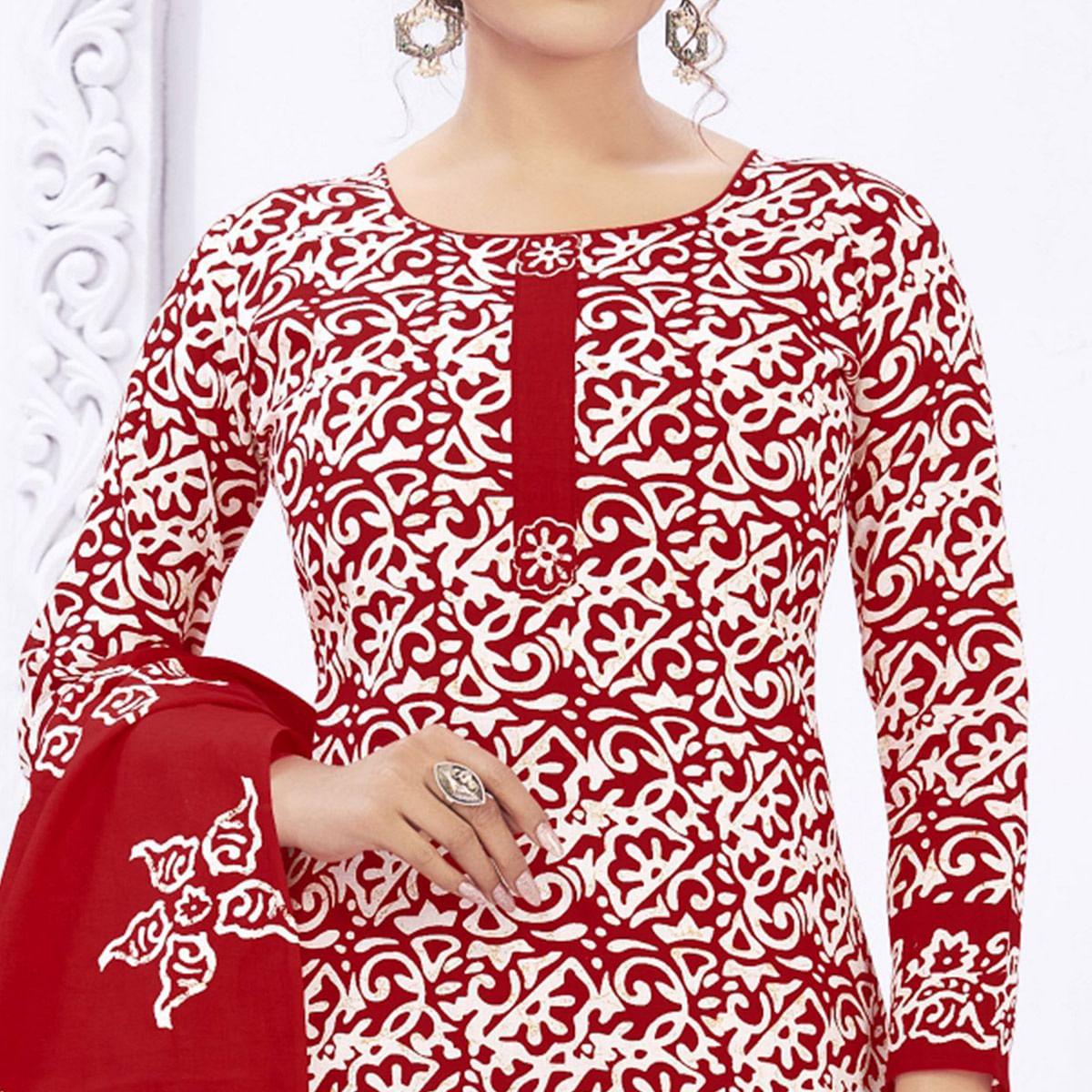 Red Casual Wear Printed Cotton Dress Material - Peachmode
