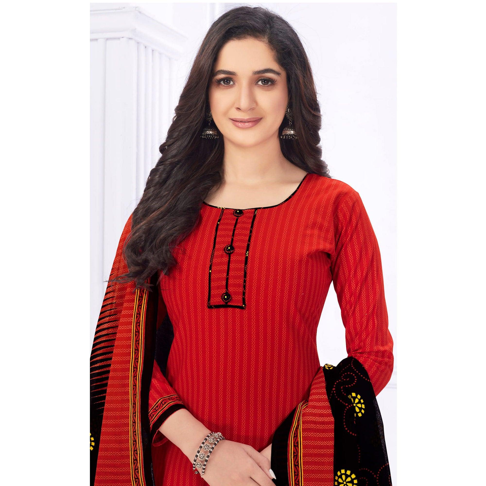 Red Casual Wear Printed Cotton Dress Material - Peachmode